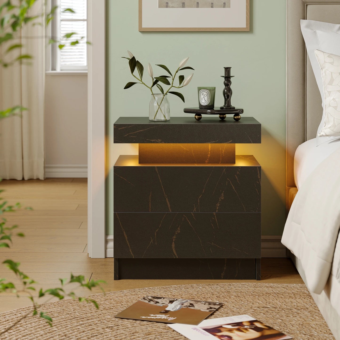 Cubehom LED Nightstand With Two Drawers End Table For Bedroom