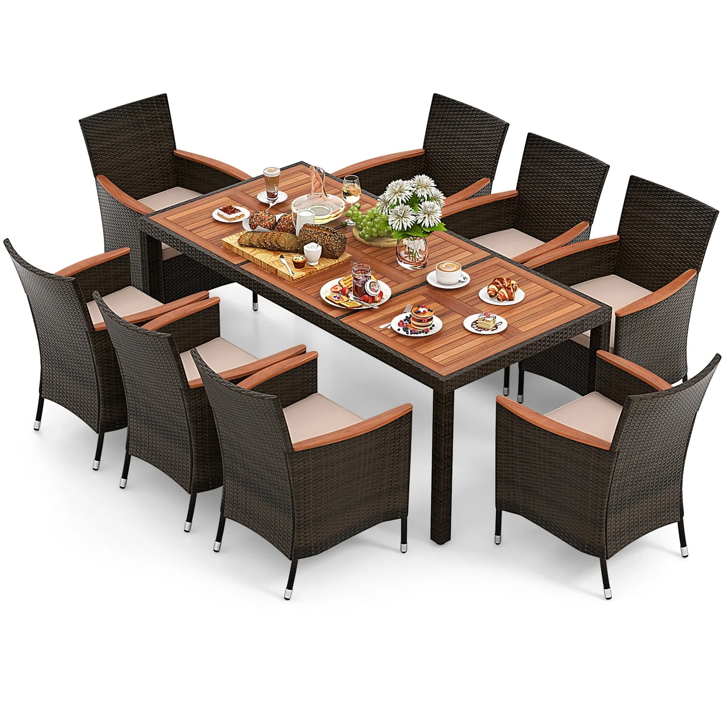 HOMASIS Patio Wicker Dining Set With Acacia Wood Table