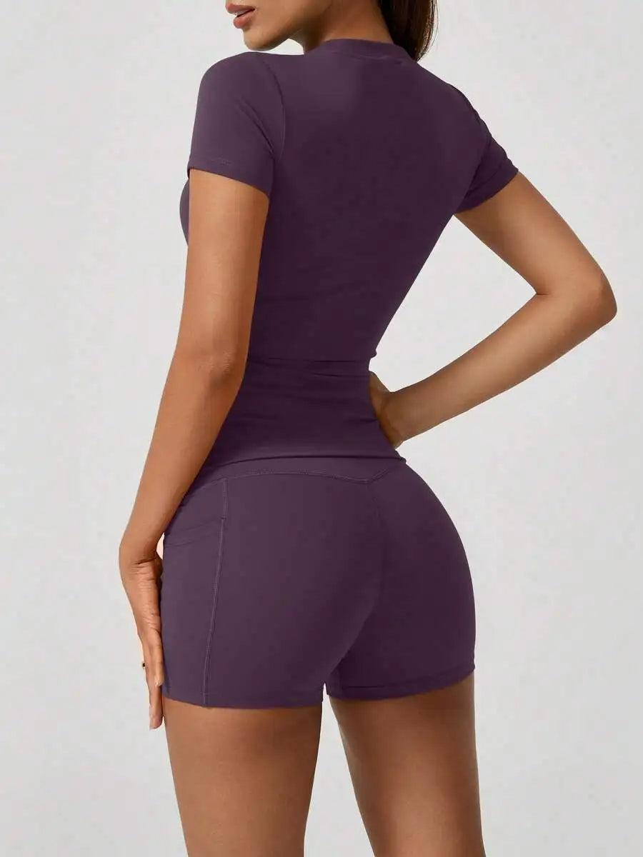 Womens High Waist Tummy Control Butt Lifting Short Sleeve Set
