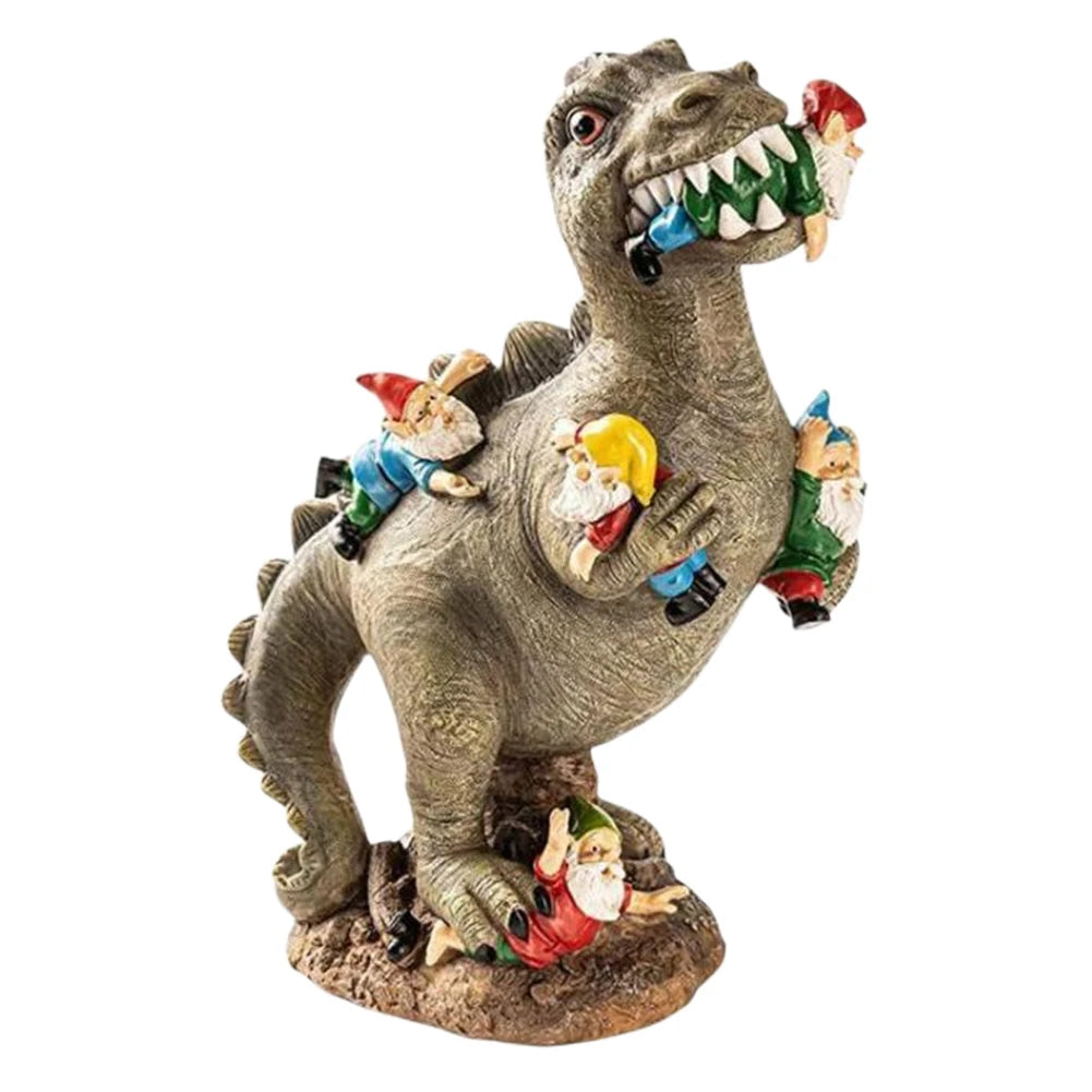 Dinosaur Eating Gnomes Resin Garden Ornament Weatherproof Outdoor Decor