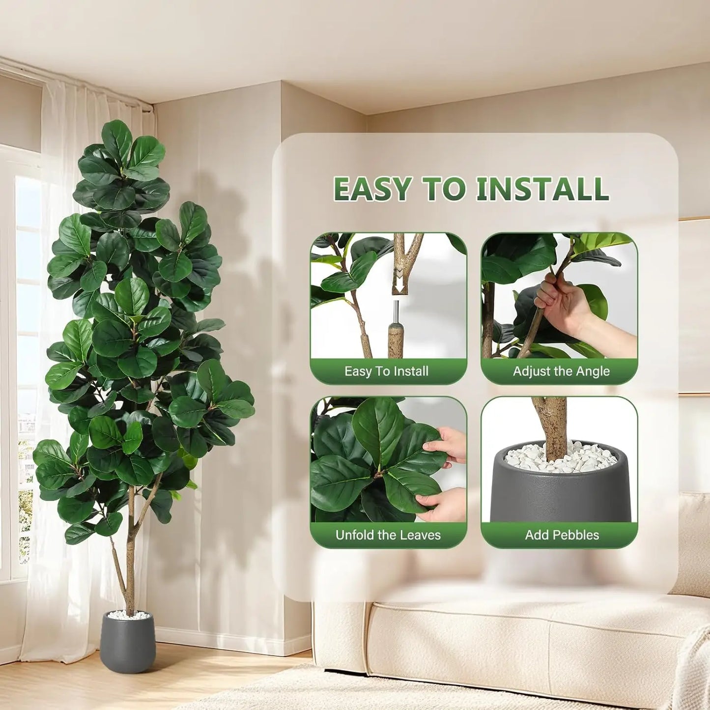 HiMISS Fiddle Leaf Fig Tree Artificial In White Planter Pot For Home Decor