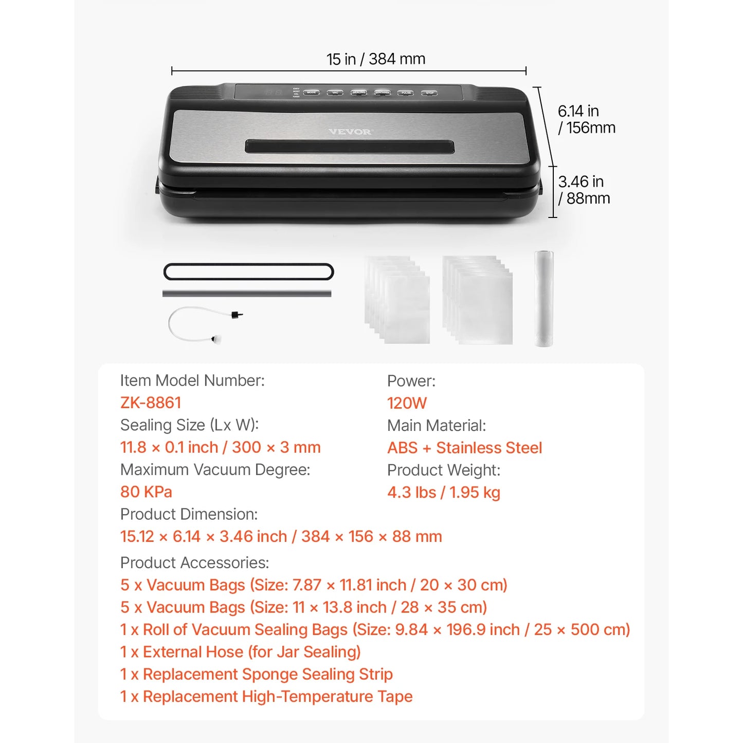 VEVOR 80Kpa 120W Electric Vacuum Sealer 7 In 1 Dry Wet Built In Cutter
