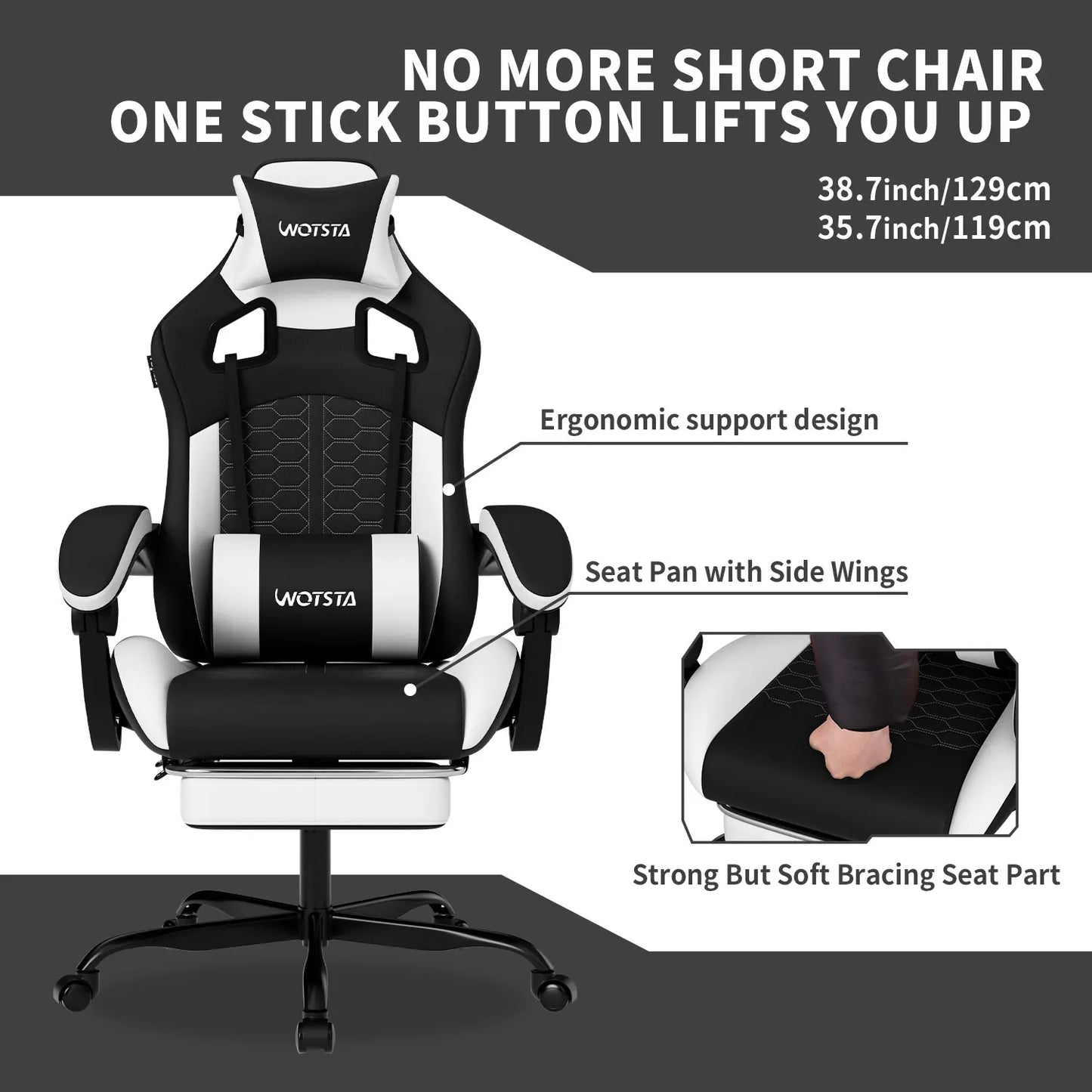 Wotsta Gaming Chair With Footrest Lumbar Support Adjustable Height