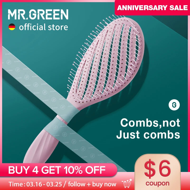 MR.GREEN Hollow Out Hair Brush Scalp Massage Detangler For Wet Dry Hair