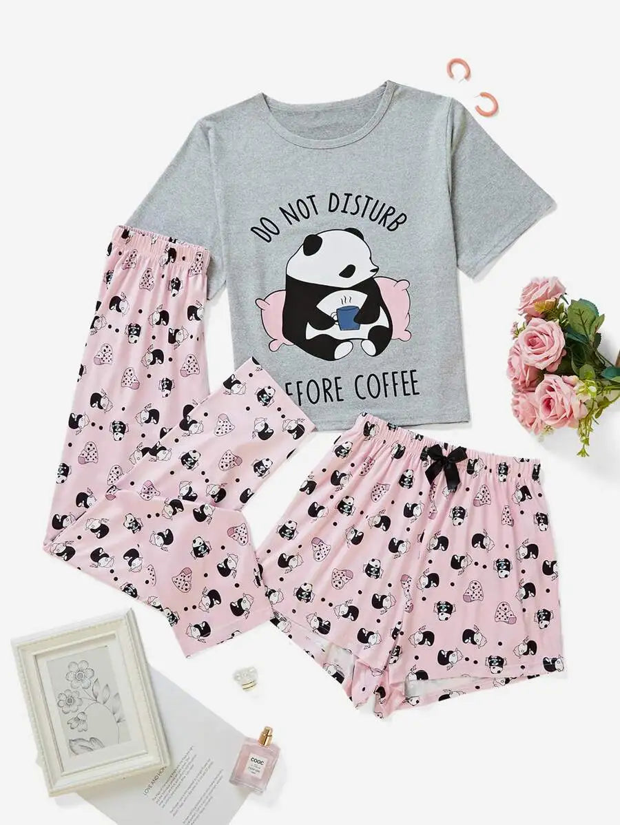 Coffee Themed Graphic Pajama Set With Shorts and Pants