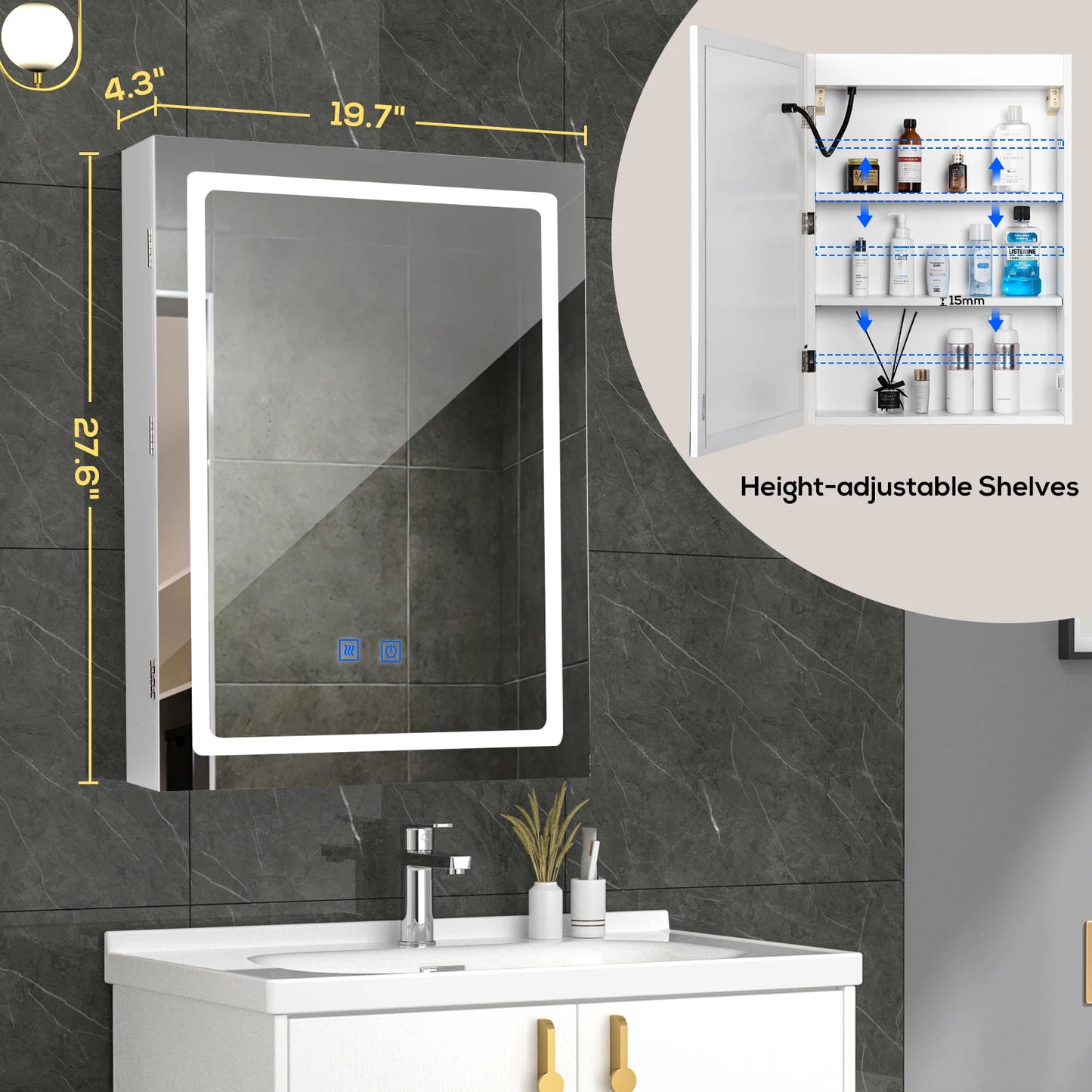 VOWNER LED Bathroom Medicine Cabinet With Mirror Defogger Dimmer