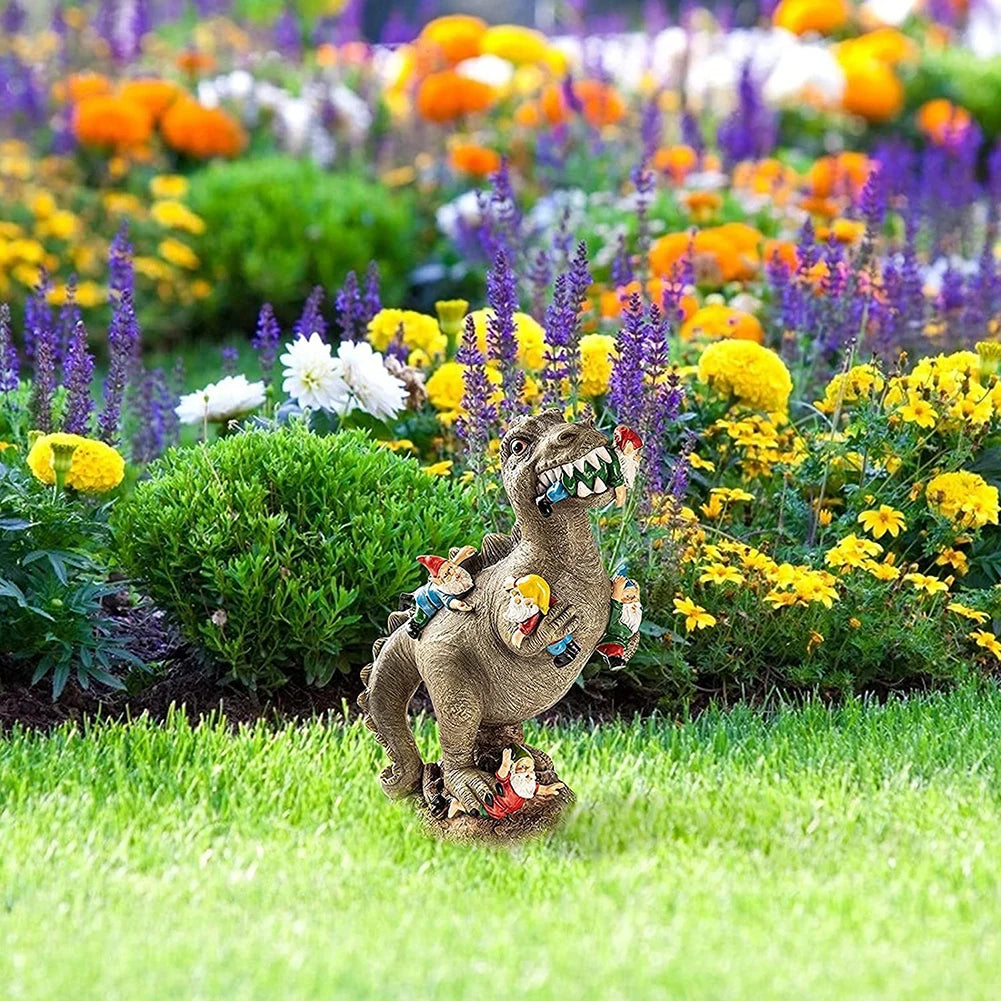 Dinosaur Eating Gnomes Resin Garden Ornament Weatherproof Outdoor Decor