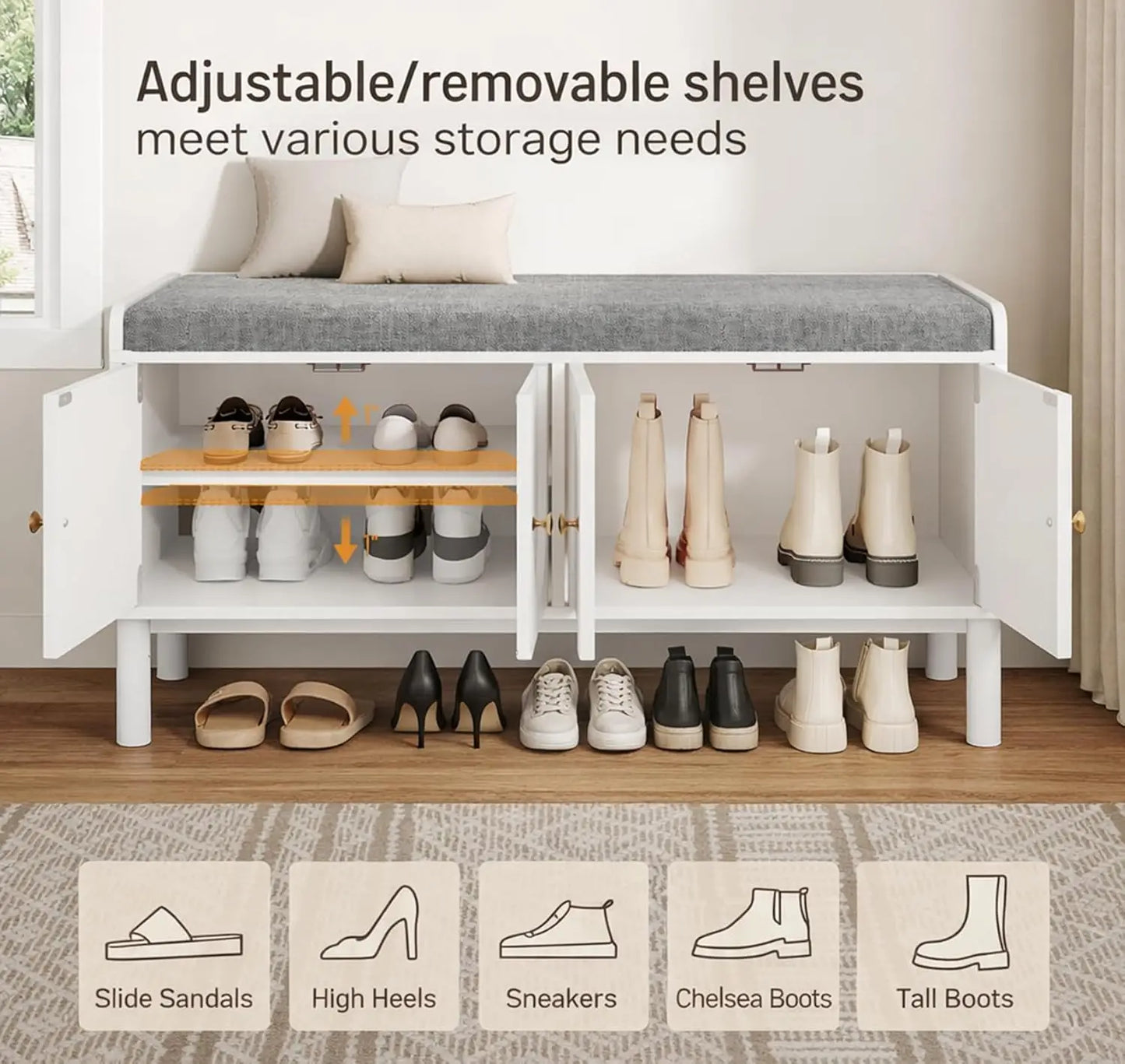 ZHILU Two Tier Entryway Shoe Storage Bench With Cushion