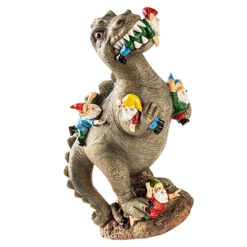 Dinosaur Eating Gnomes Resin Garden Ornament Weatherproof Outdoor Decor