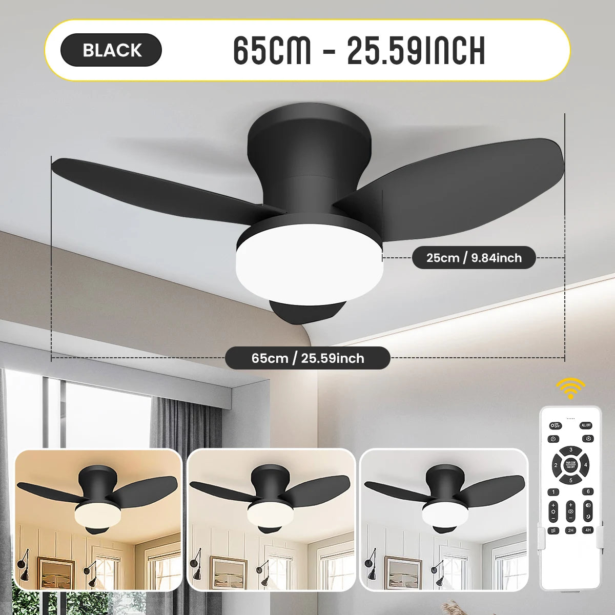 Mexllex Three Leaf Ceiling Fan With Light Dimmable LED Remote