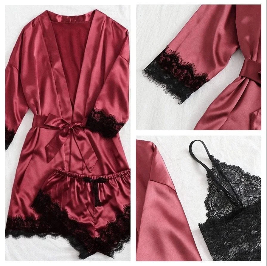 Satin Lace Lingerie Set For Women Nightwear Bralette Shorts Robe