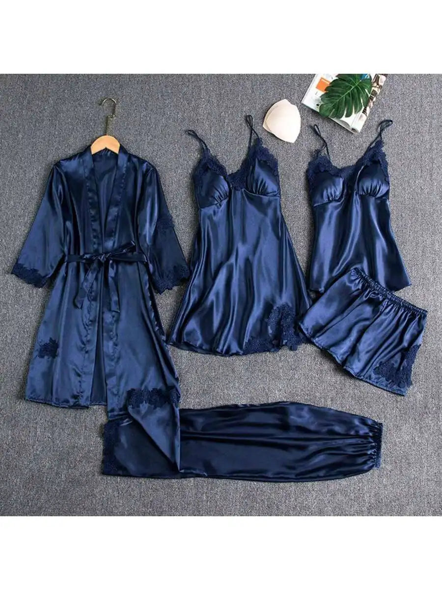 Womens 5 Piece Satin Pajama Set Robe Cami Pants Shorts