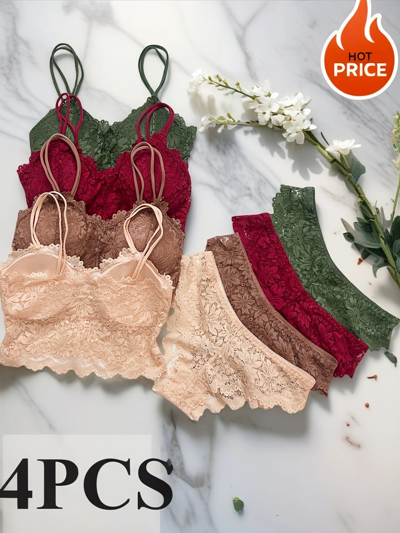 Women's Sexy Lace Bra and Panty Set 4pc Seamless Breathable Lingerie