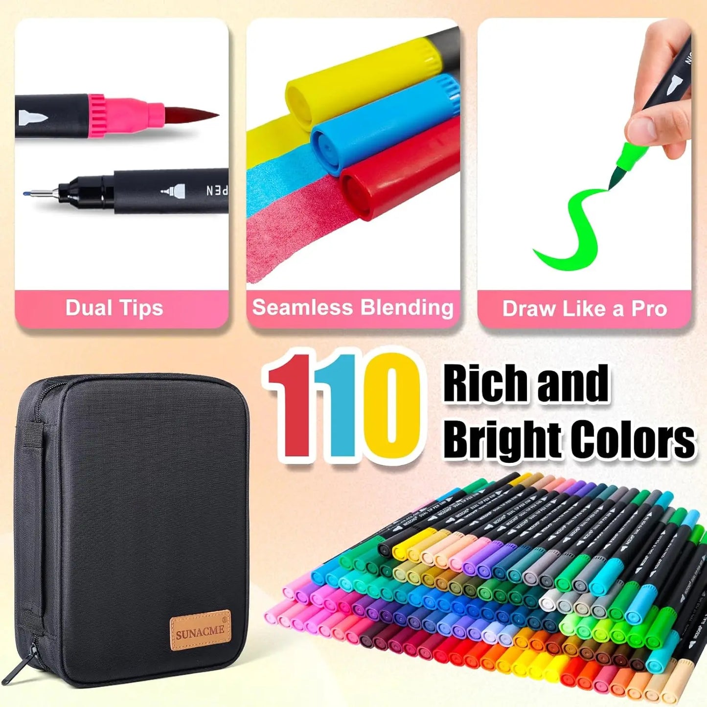 110 Dual Brush Markers Set With Fine And Brush Tips In Case
