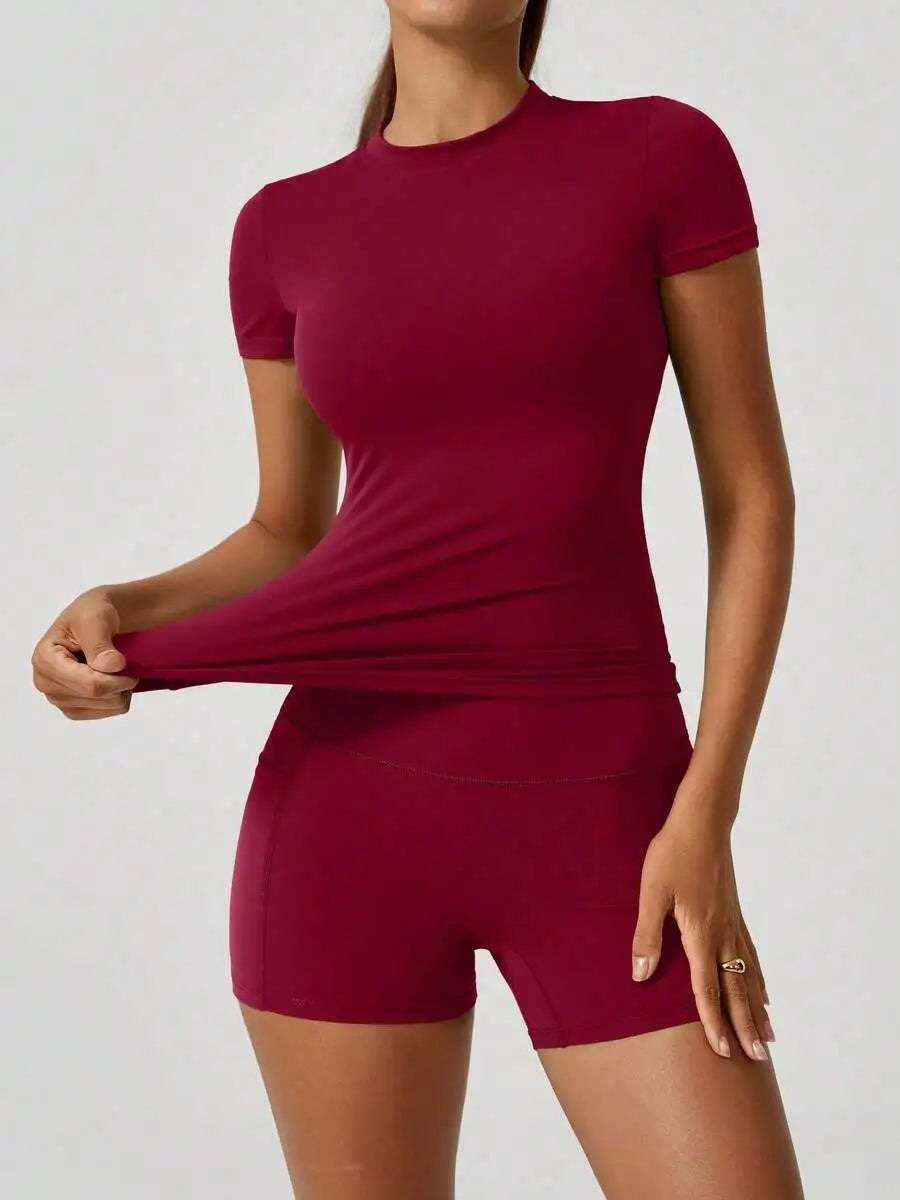 Womens High Waist Tummy Control Butt Lifting Short Sleeve Set
