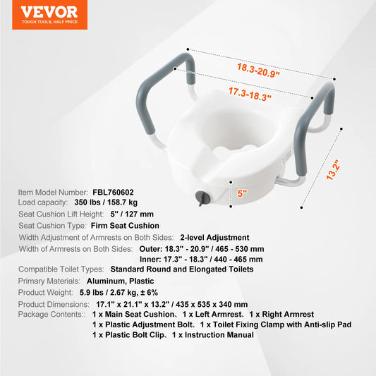 Raised Toilet Seat 350 Lb Weight Capacity Round Elongated
