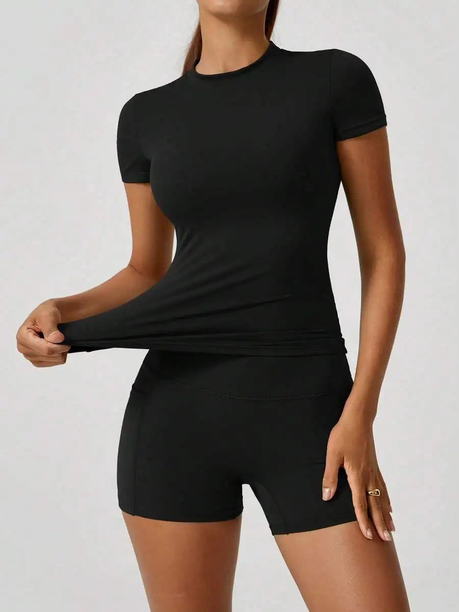 Womens High Waist Tummy Control Butt Lifting Short Sleeve Set