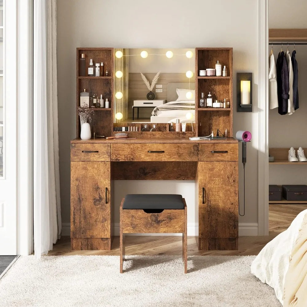 Makeup Vanity Desk With Lighted Mirror And Power Strip Rustic Farmhouse Style