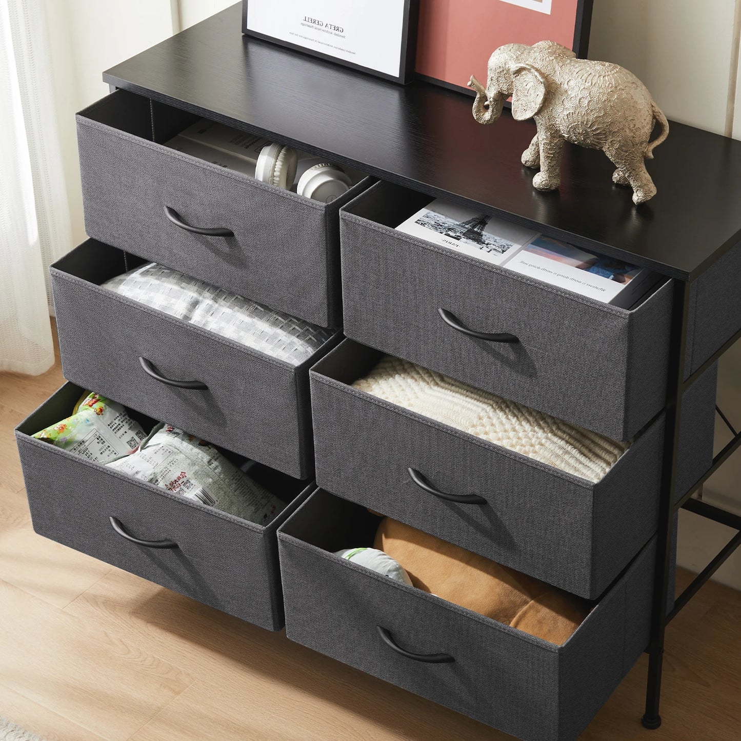 JHK 6 Fabric Drawers Nightstand With Storage For Bedroom