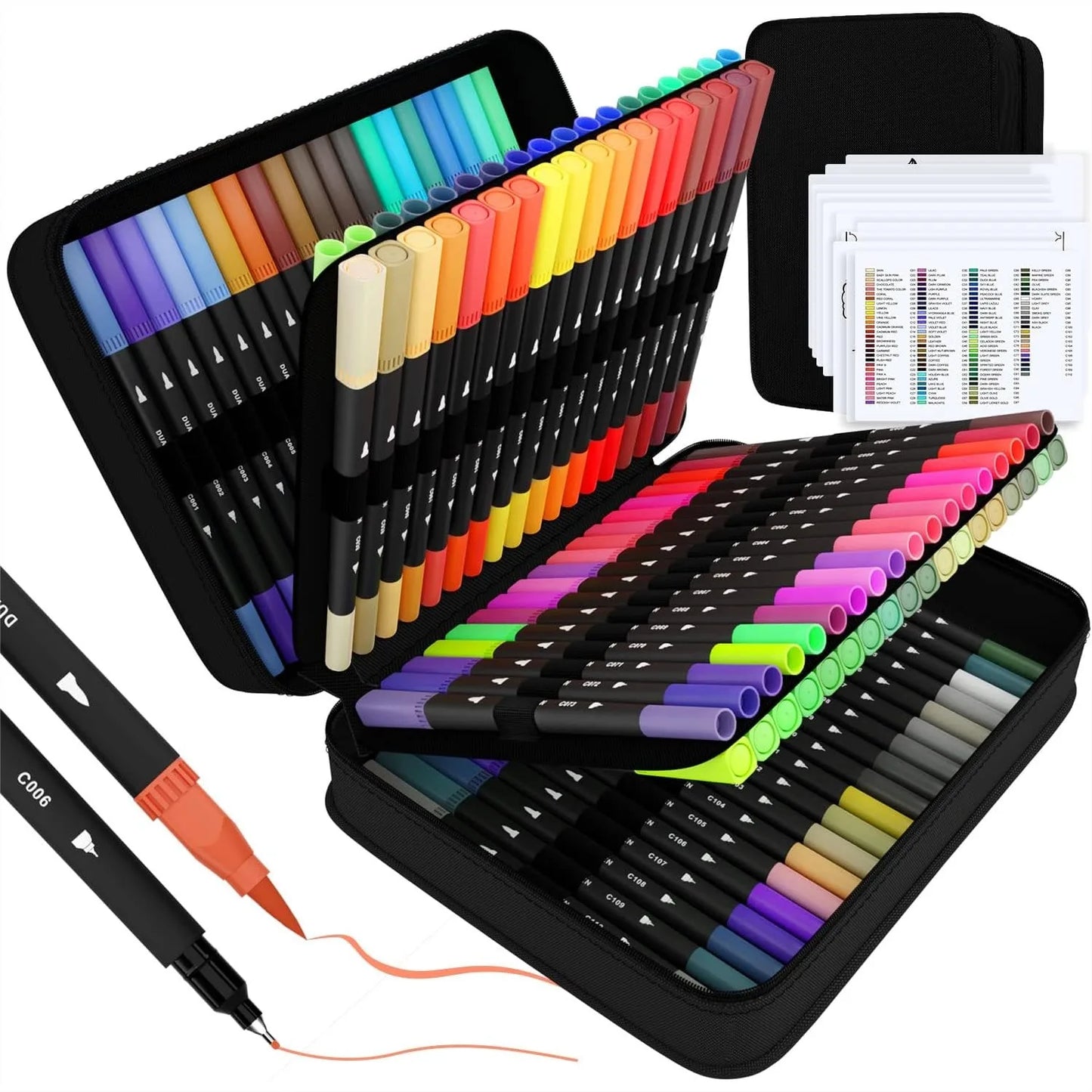 110 Dual Brush Markers Set With Fine And Brush Tips In Case