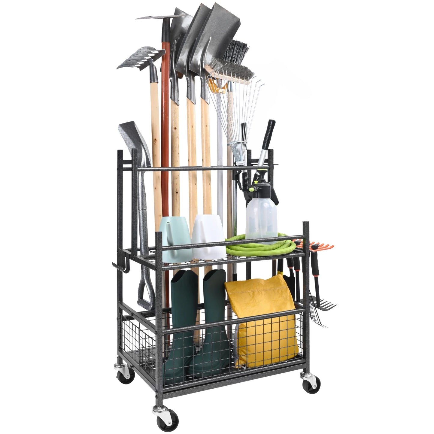 Garden Tool Organizer Rack 16 Slots With Hooks And Wheels