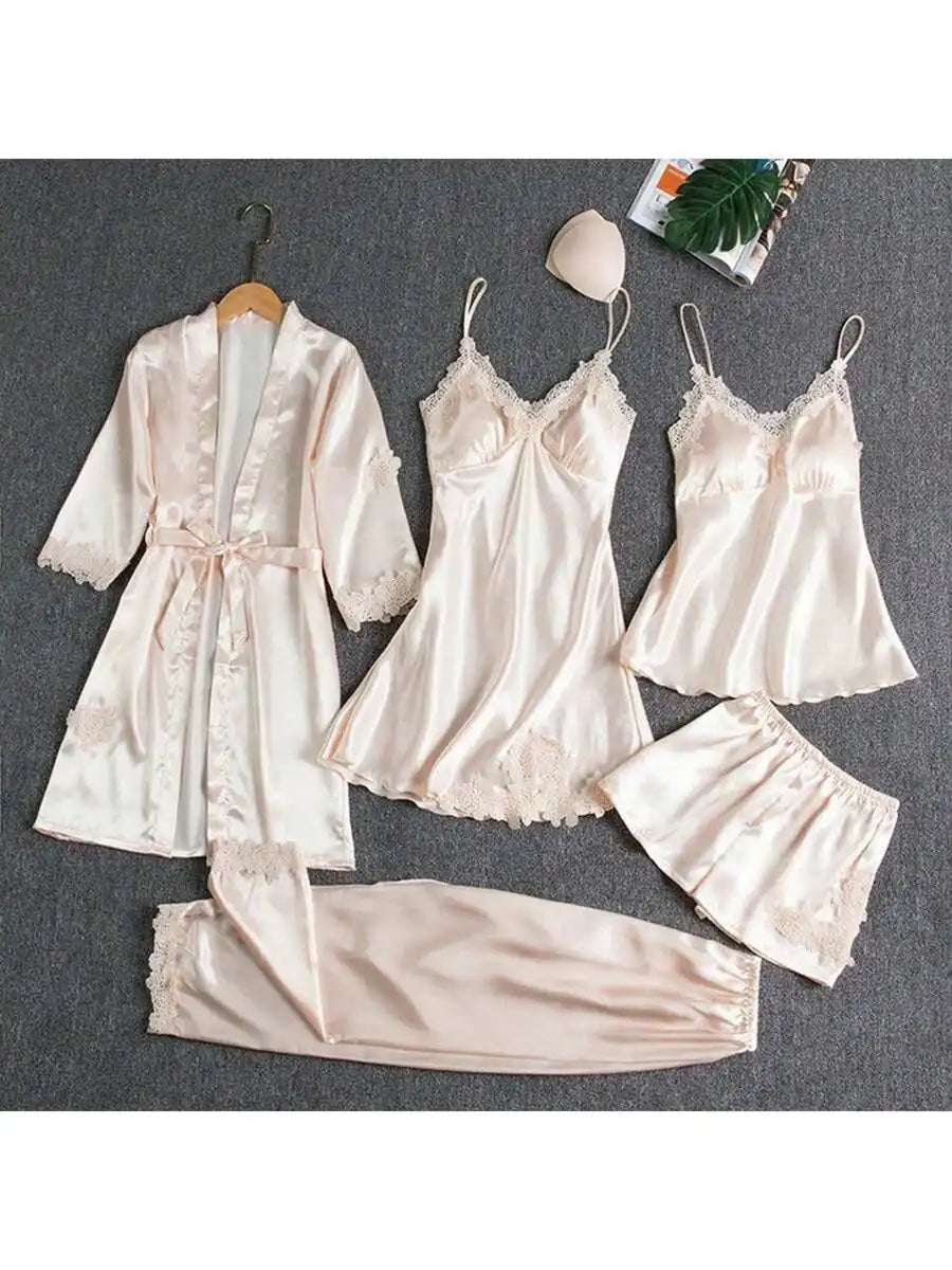 Womens 5 Piece Satin Pajama Set Robe Cami Pants Shorts