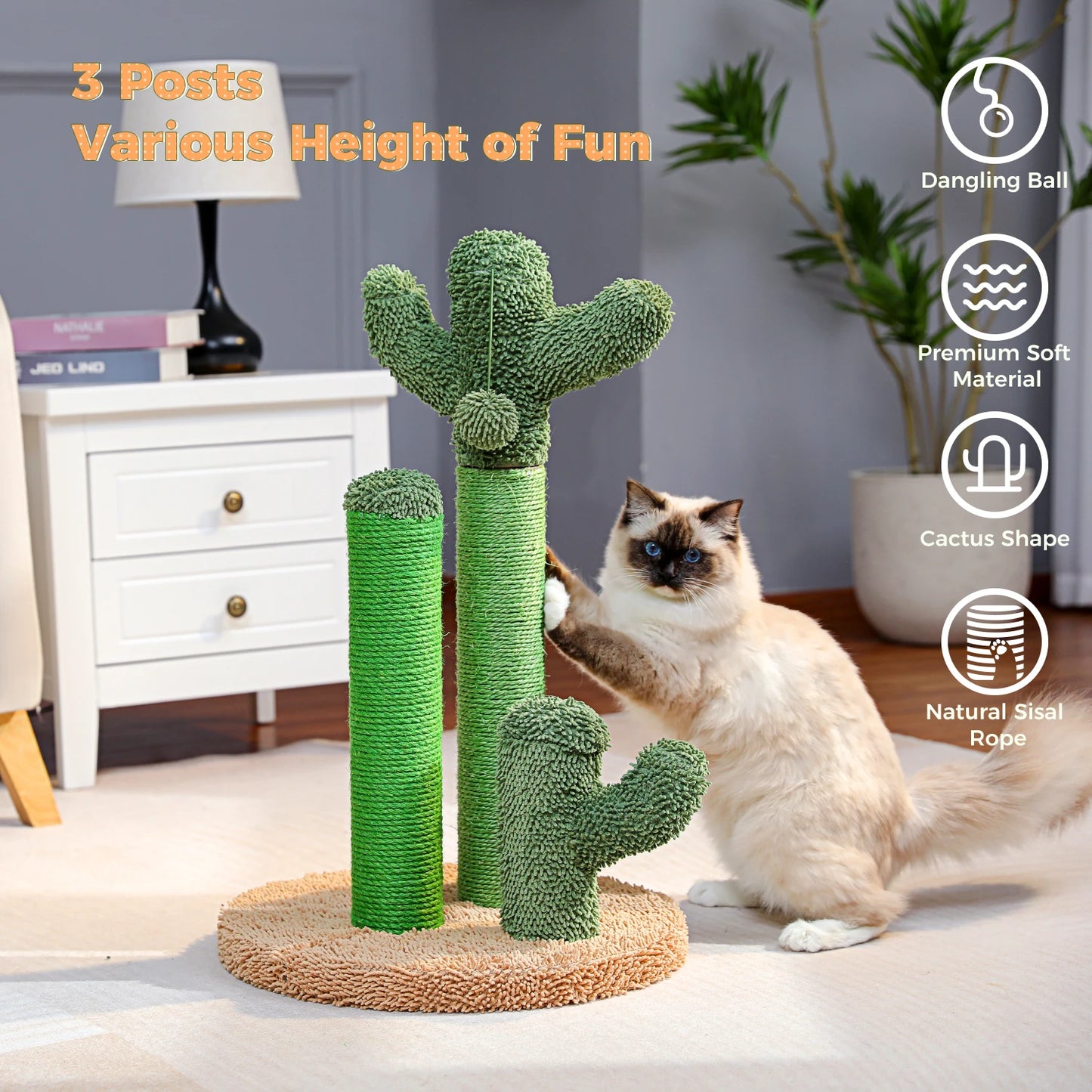 PAWZ Road Cactus Cat Scratcher Post With 3 Interactive Poles