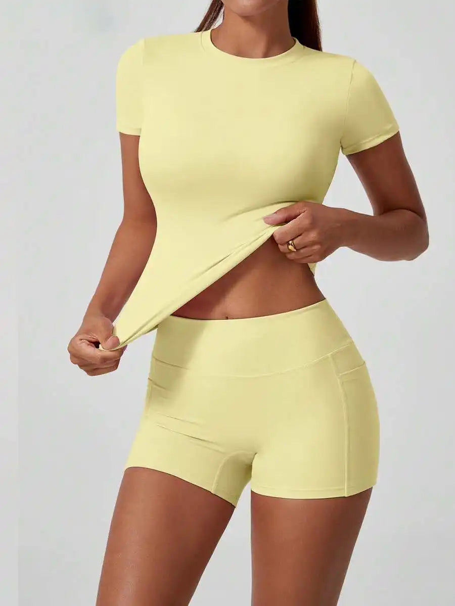 Womens High Waist Tummy Control Butt Lifting Short Sleeve Set