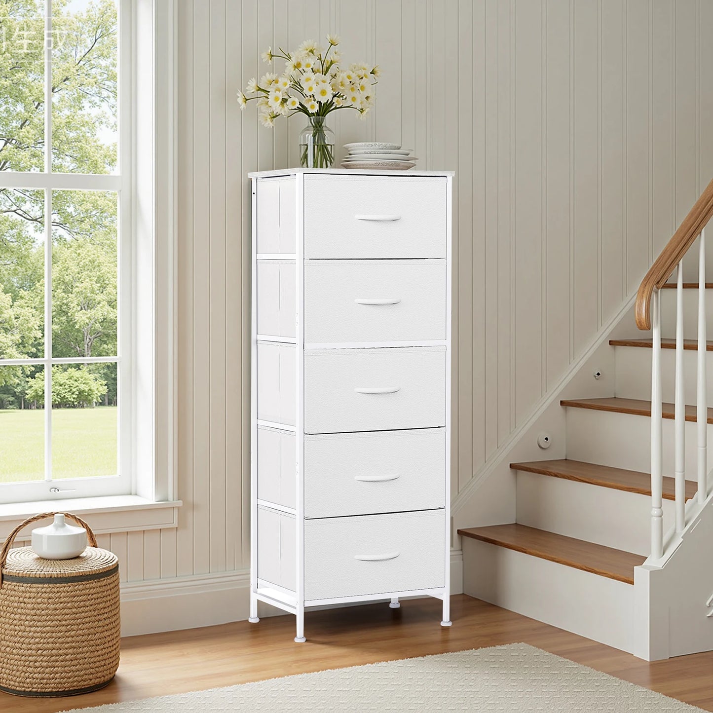 JHK 5-Drawer Fabric Dresser With Nightstand And Steel Frame
