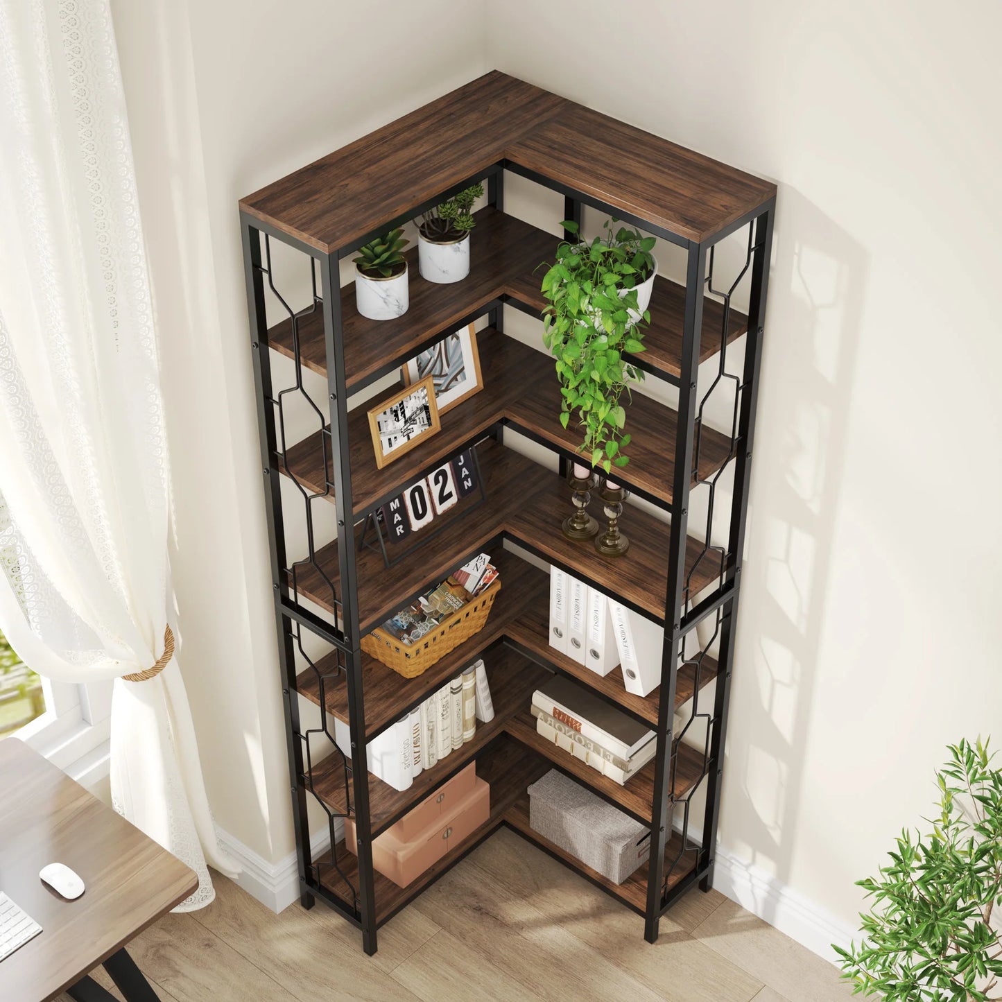 Tribesigns 7 Tier Corner Shelf Industrial Wood and Iron Etagere