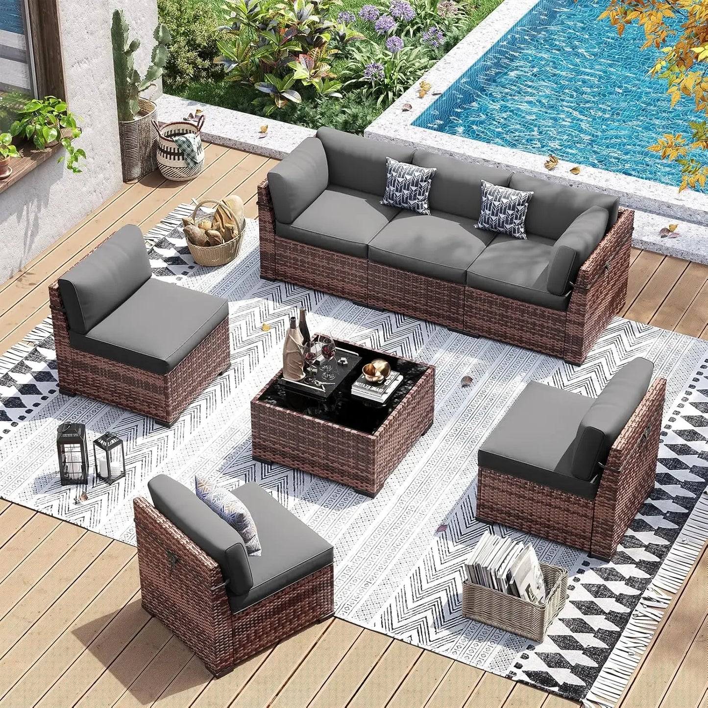 Patio Furniture Set PE Wicker Sectional Sofa With Tea Table