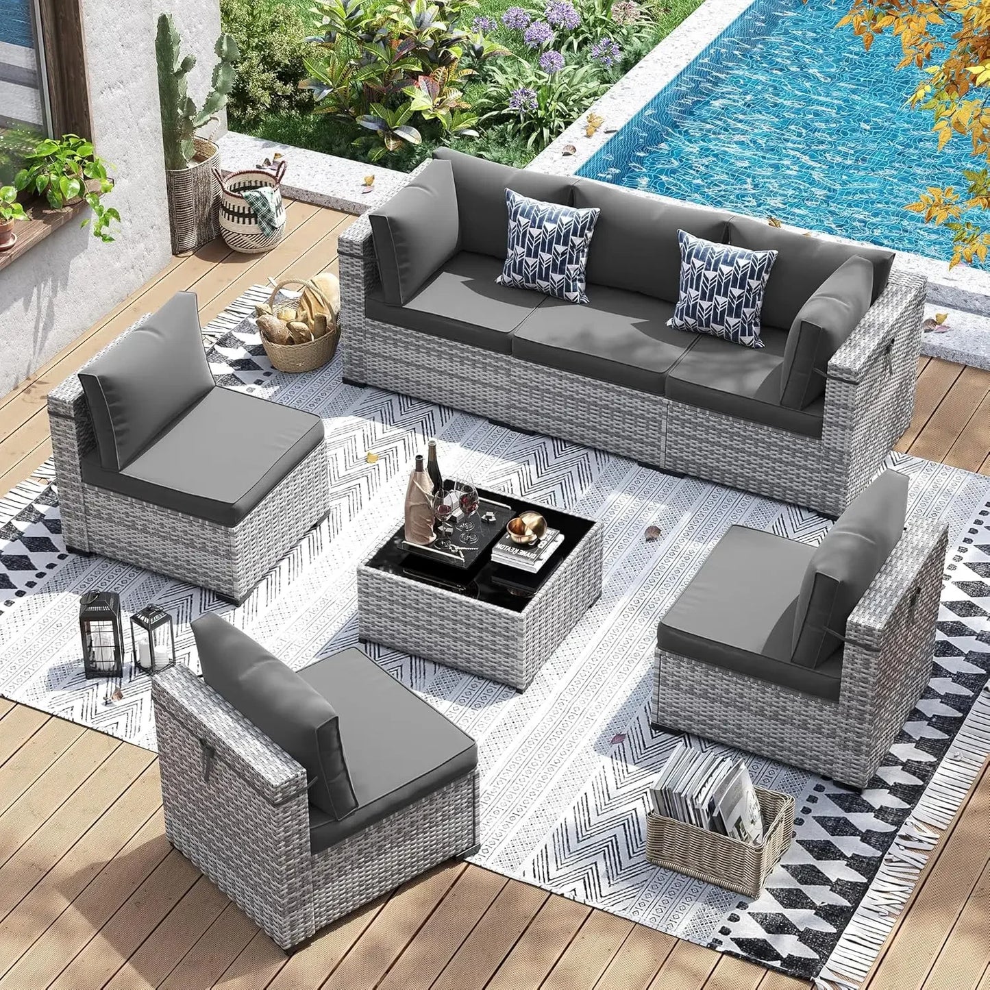 Patio Furniture Set PE Wicker Sectional Sofa With Tea Table