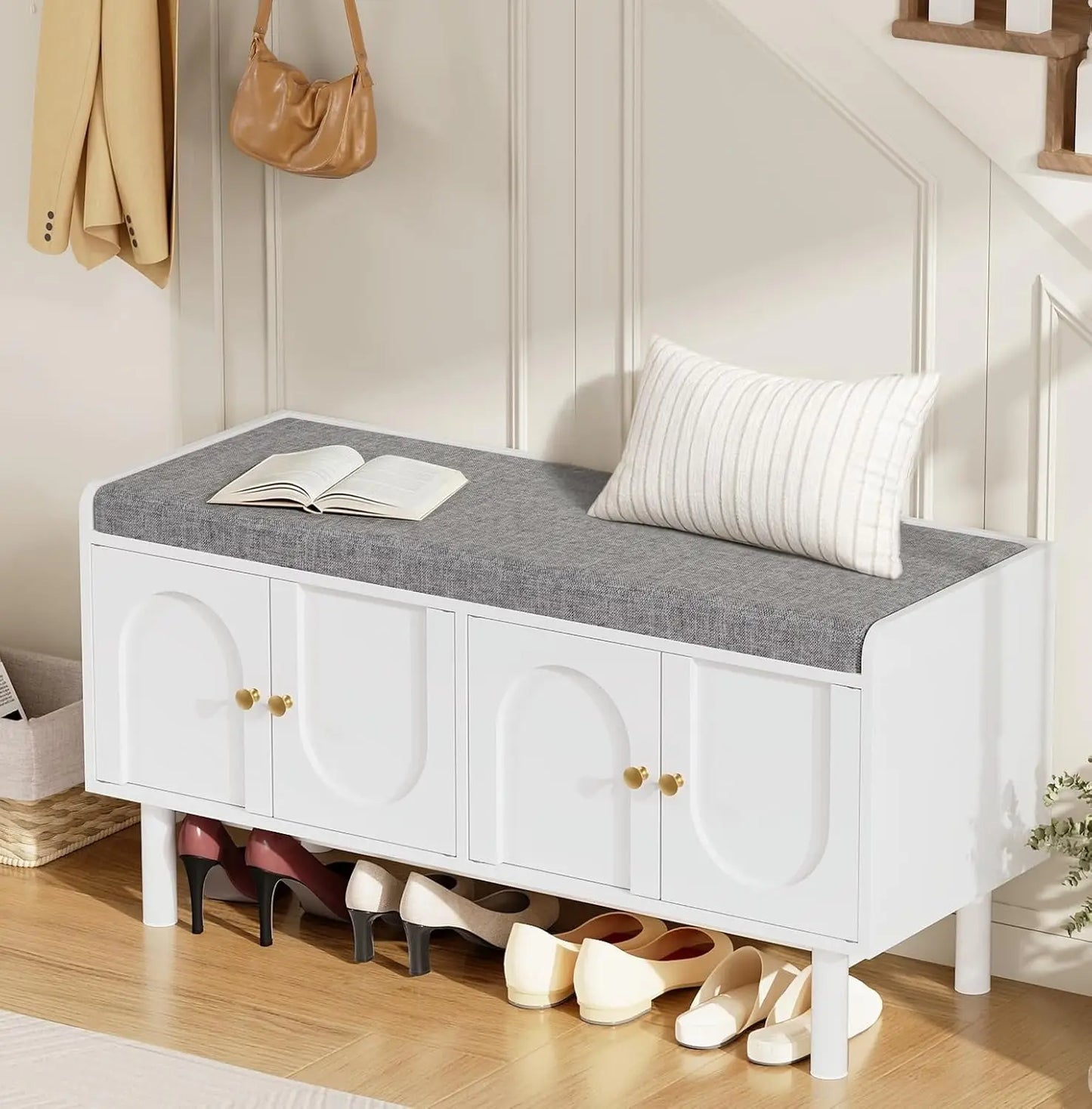 ZHILU Two Tier Entryway Shoe Storage Bench With Cushion