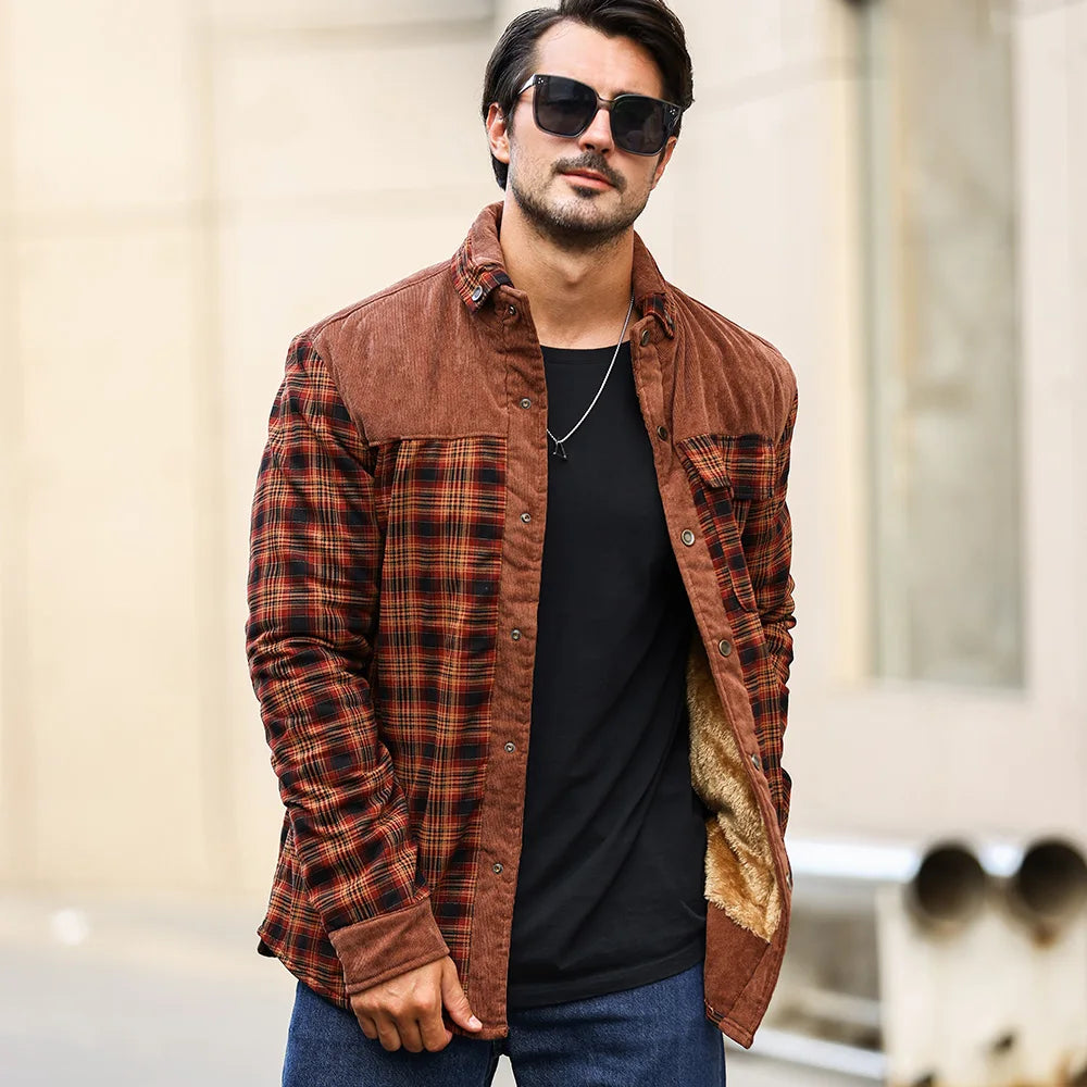 Men's Winter Windproof Bomber Jacket Plaid Sherpa Lined