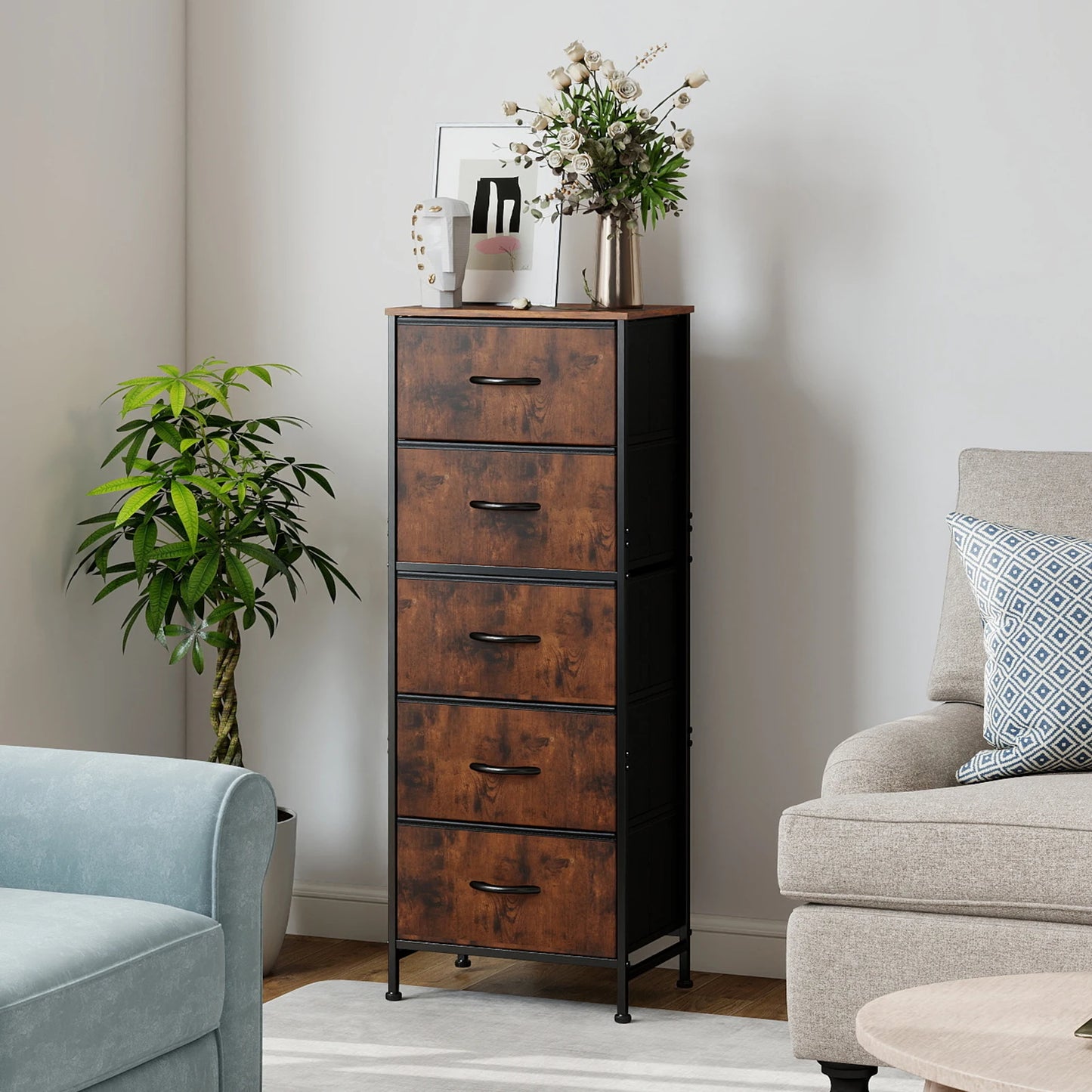 JHK 5-Drawer Fabric Dresser With Nightstand And Steel Frame