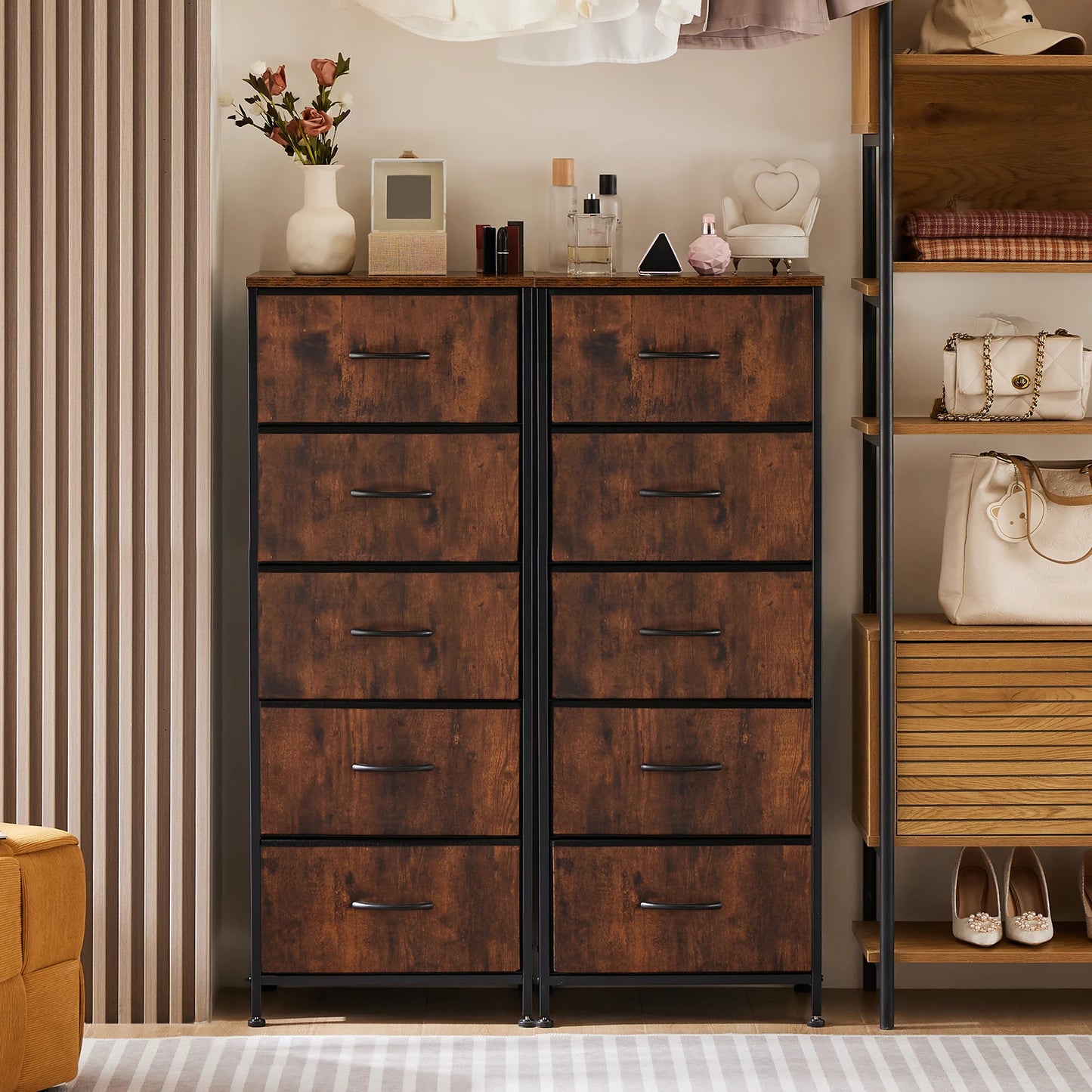 JHK 5-Drawer Fabric Dresser With Nightstand And Steel Frame