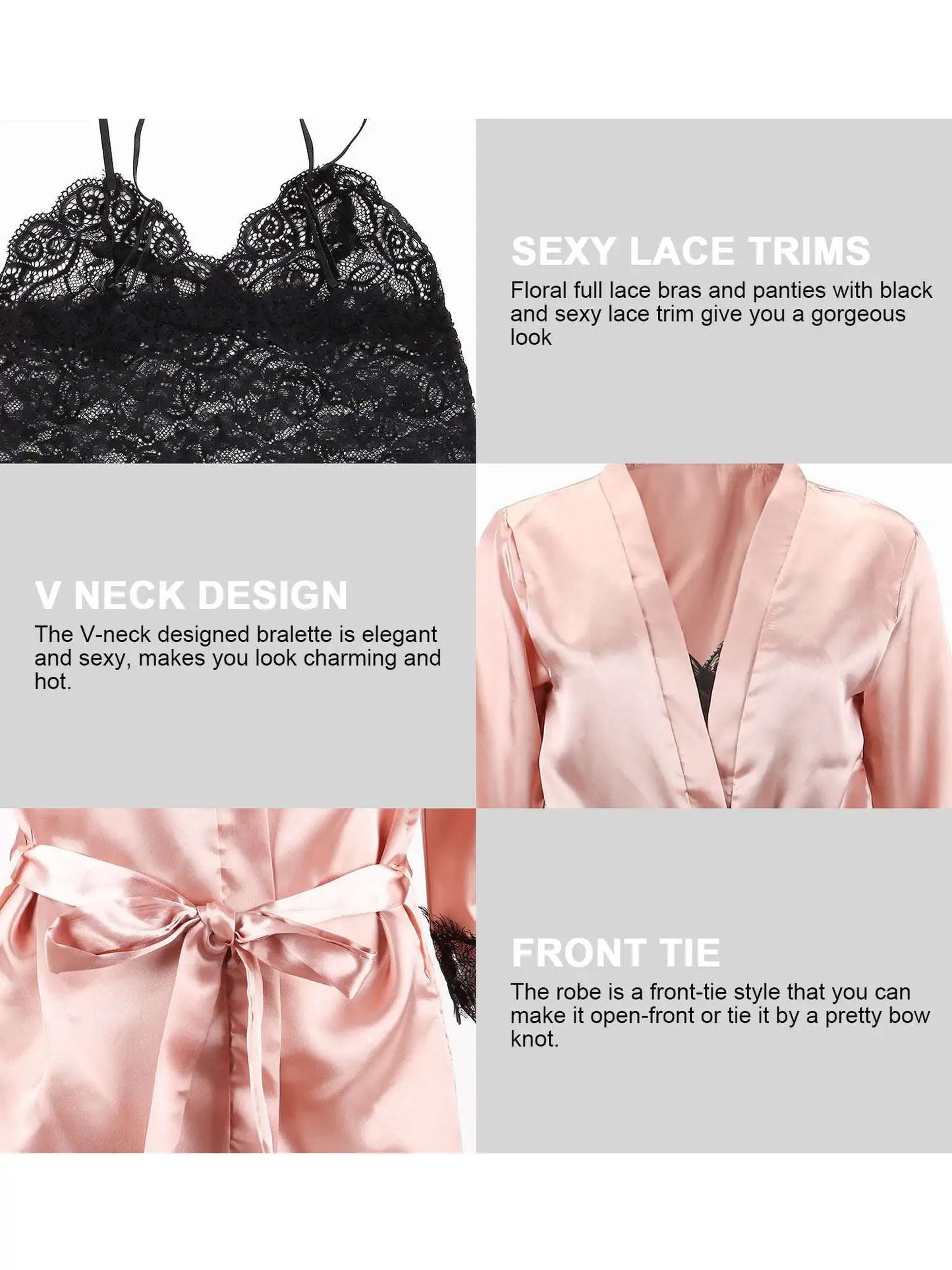 Women's Satin Lace 3-Piece Sleepwear Set With Robe Romantic