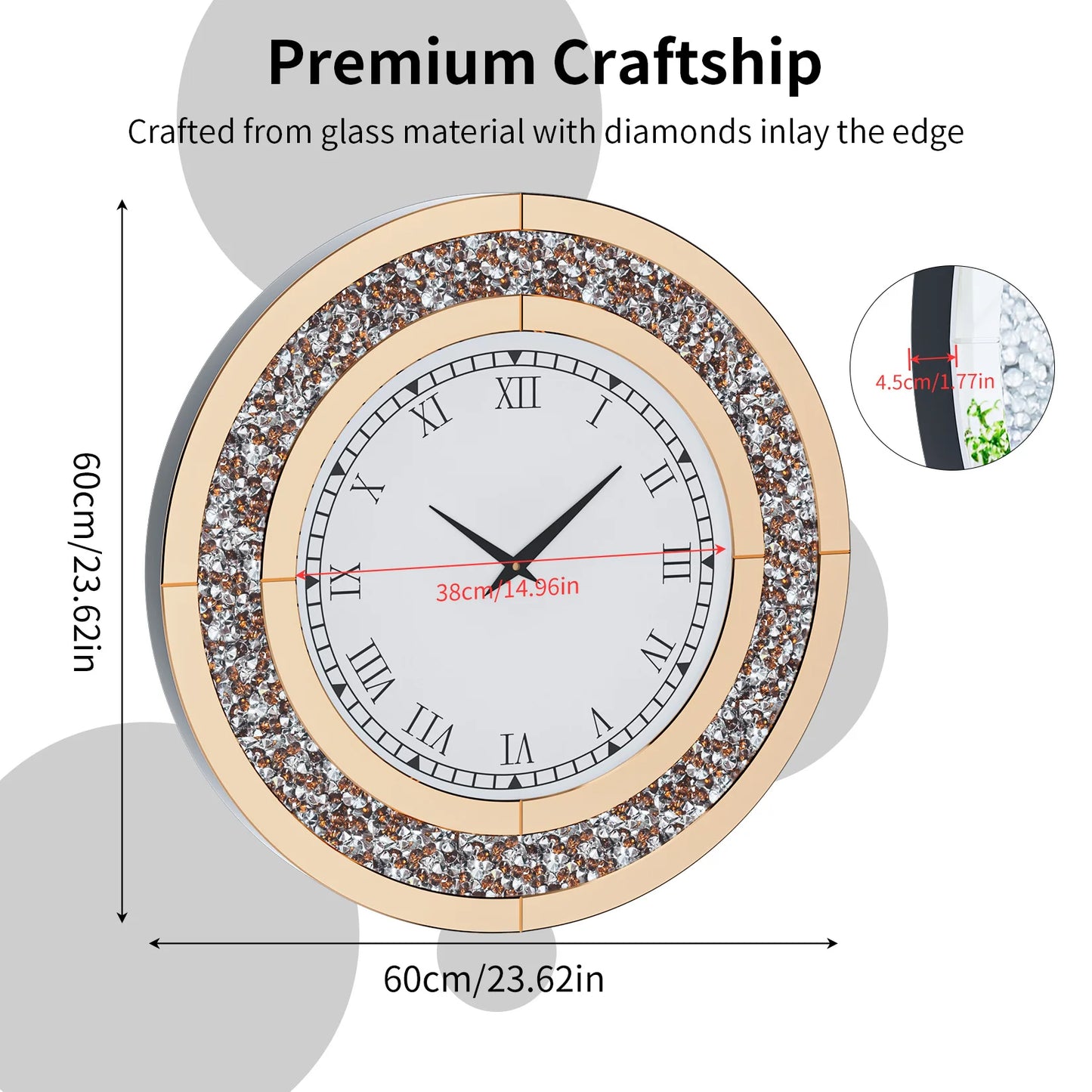 Round Mirror Wall Clock with Crystal Sparkle Embellishments