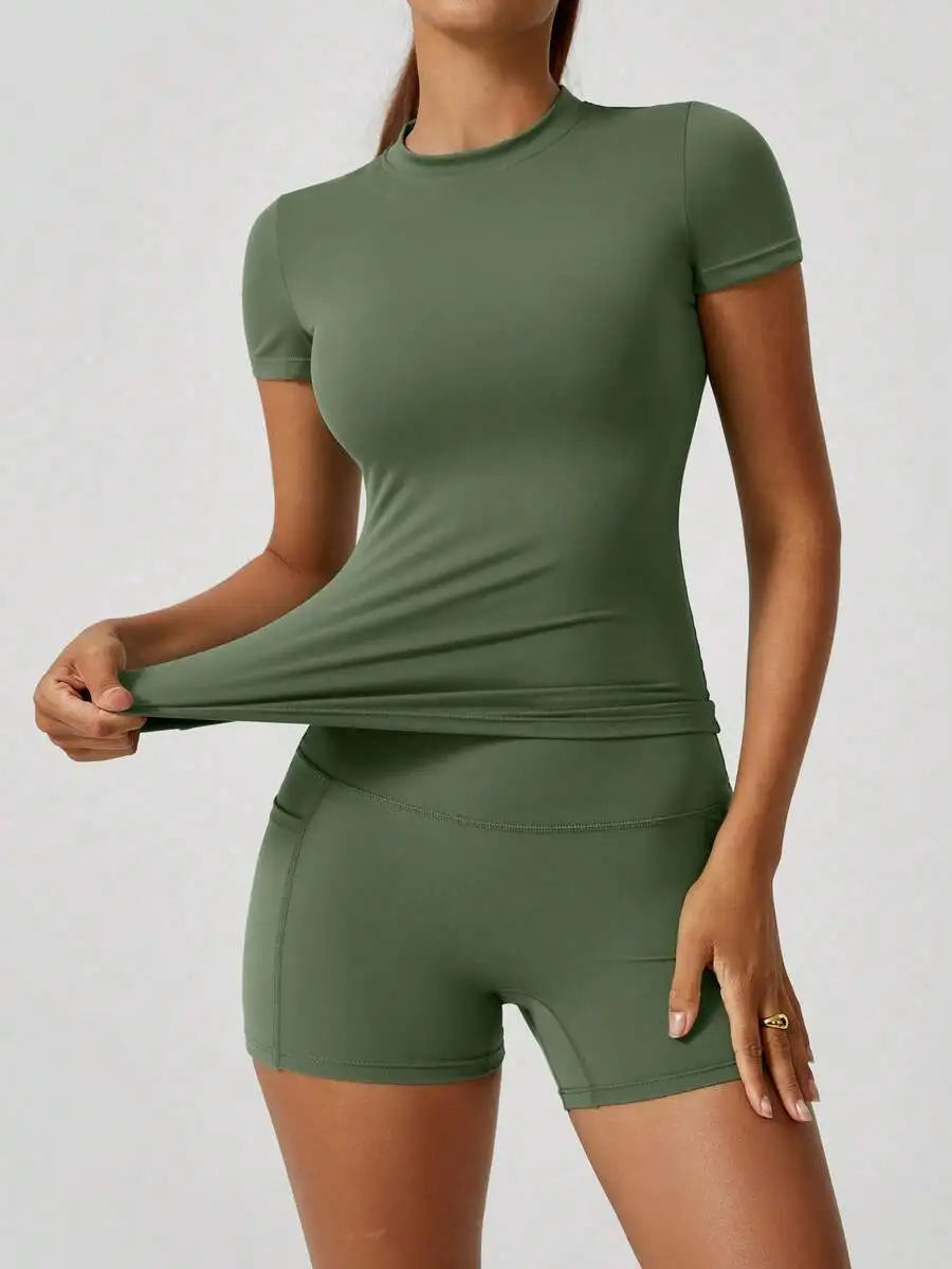Womens High Waist Tummy Control Butt Lifting Short Sleeve Set
