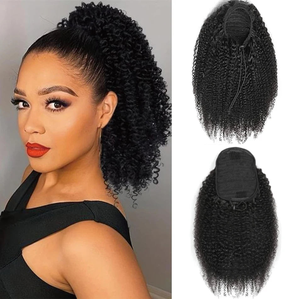 Uesoels Curly Deep Wave Drawstring Ponytail Extension Clip In Remy Human Hair