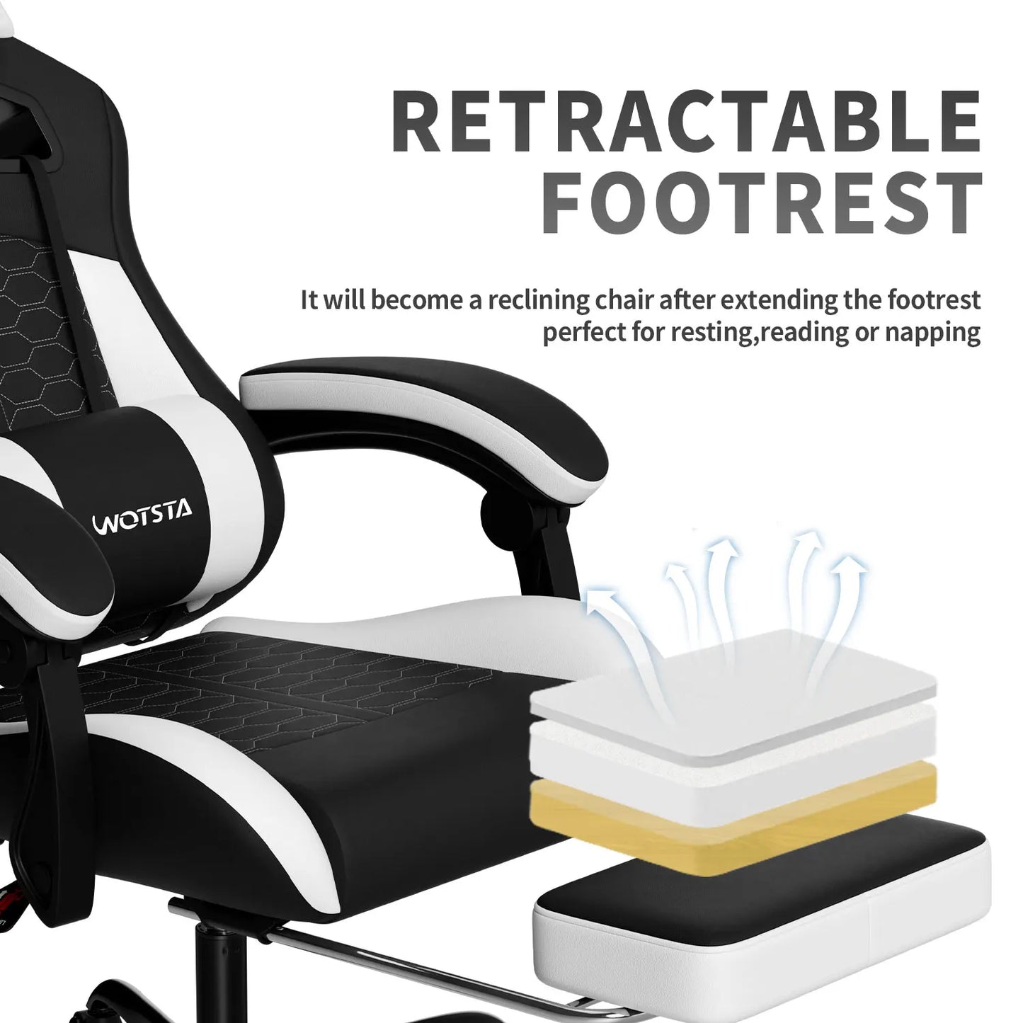 Wotsta Gaming Chair With Footrest Lumbar Support Adjustable Height