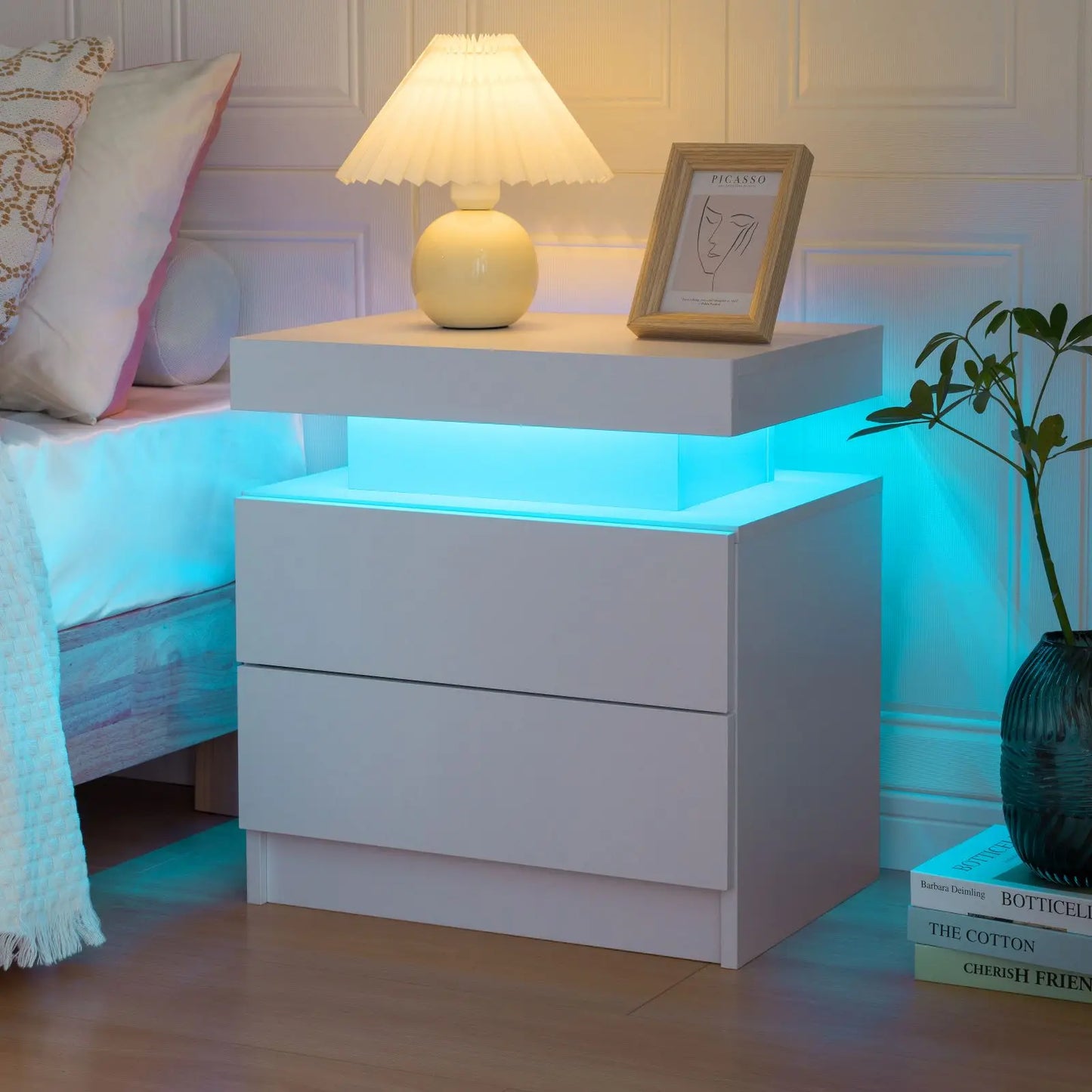 Cubehom LED Nightstand With Two Drawers End Table For Bedroom