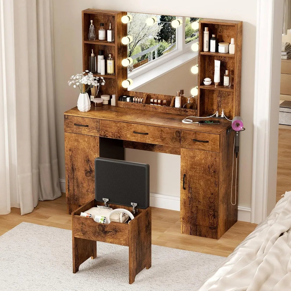 Makeup Vanity Desk With Lighted Mirror And Power Strip Rustic Farmhouse Style