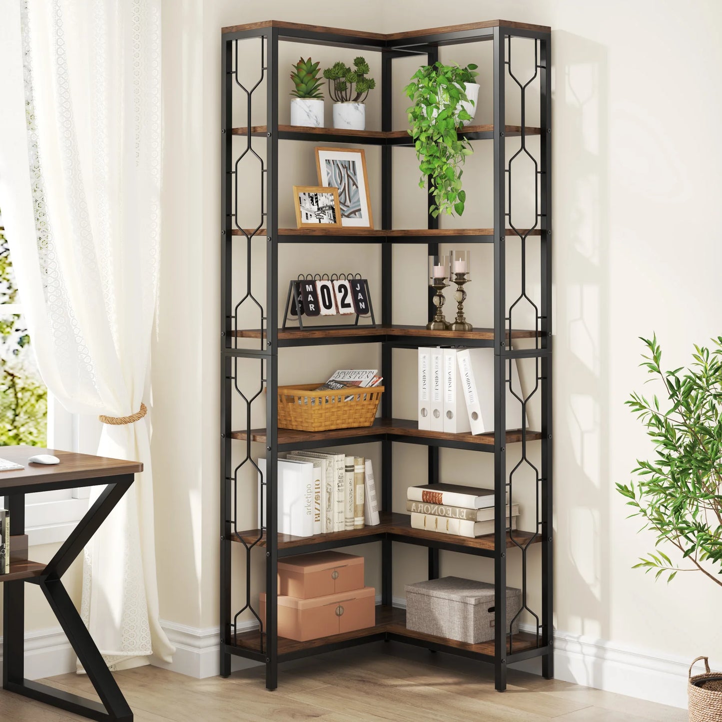Tribesigns 7-Tier Corner Shelf Industrial Wood and Metal Etagere