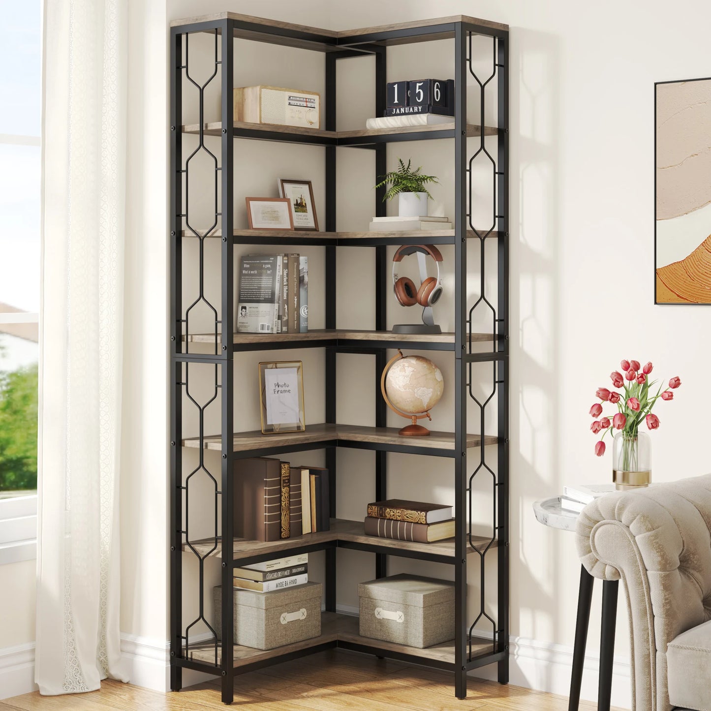 Tribesigns 7-Tier Corner Shelf Industrial Wood and Metal Etagere