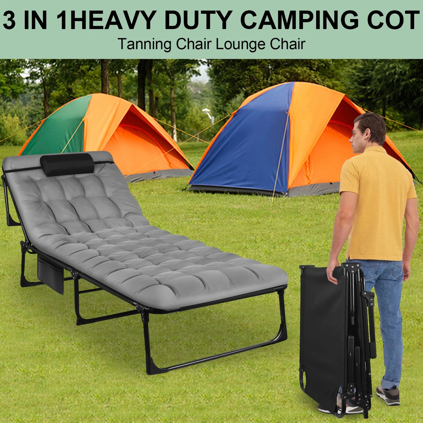 Portable Folding Camping Cot With 3-Position Reclining Lounge Chair Pillow