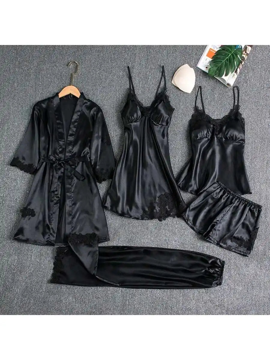 Womens 5 Piece Satin Pajama Set Robe Cami Pants Shorts