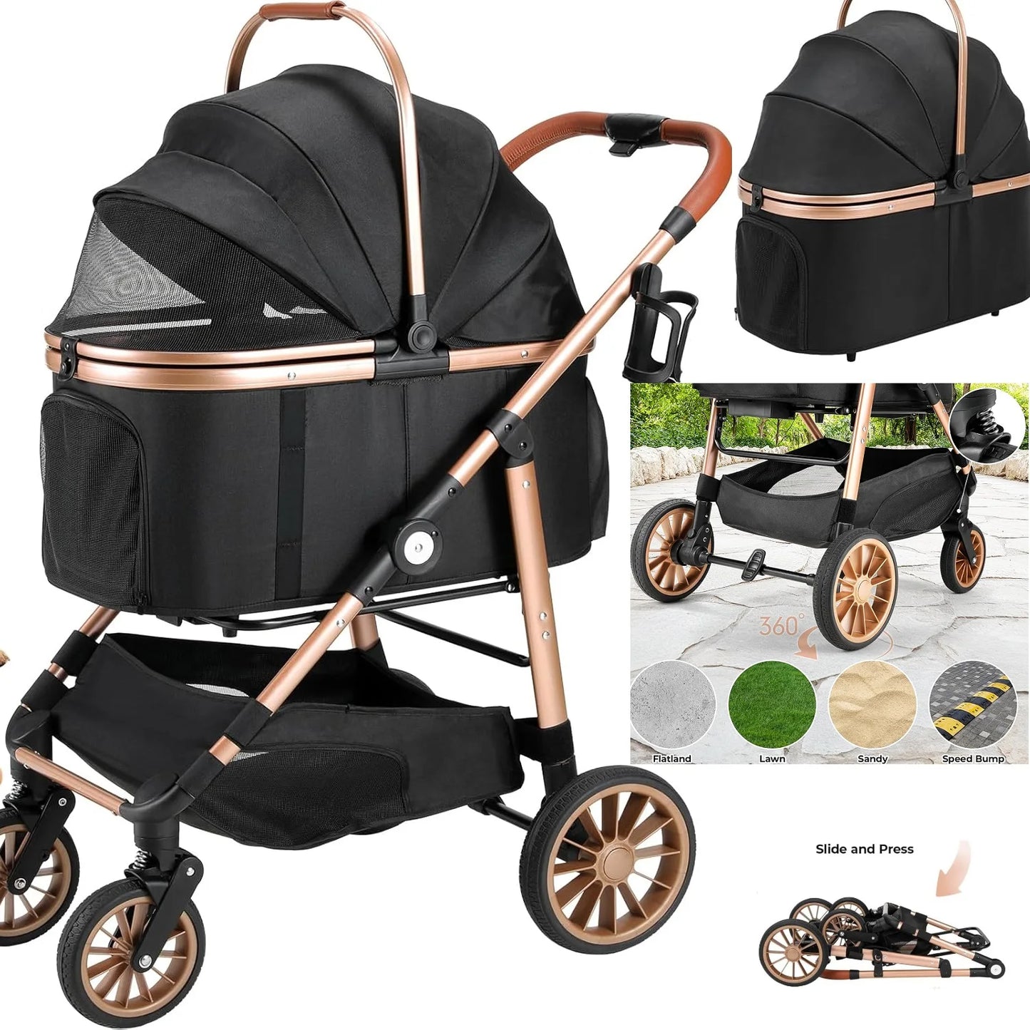 Foldable Cat and Dog Stroller 2in1 With 360 Degree Wheels Max Load 25 Kg