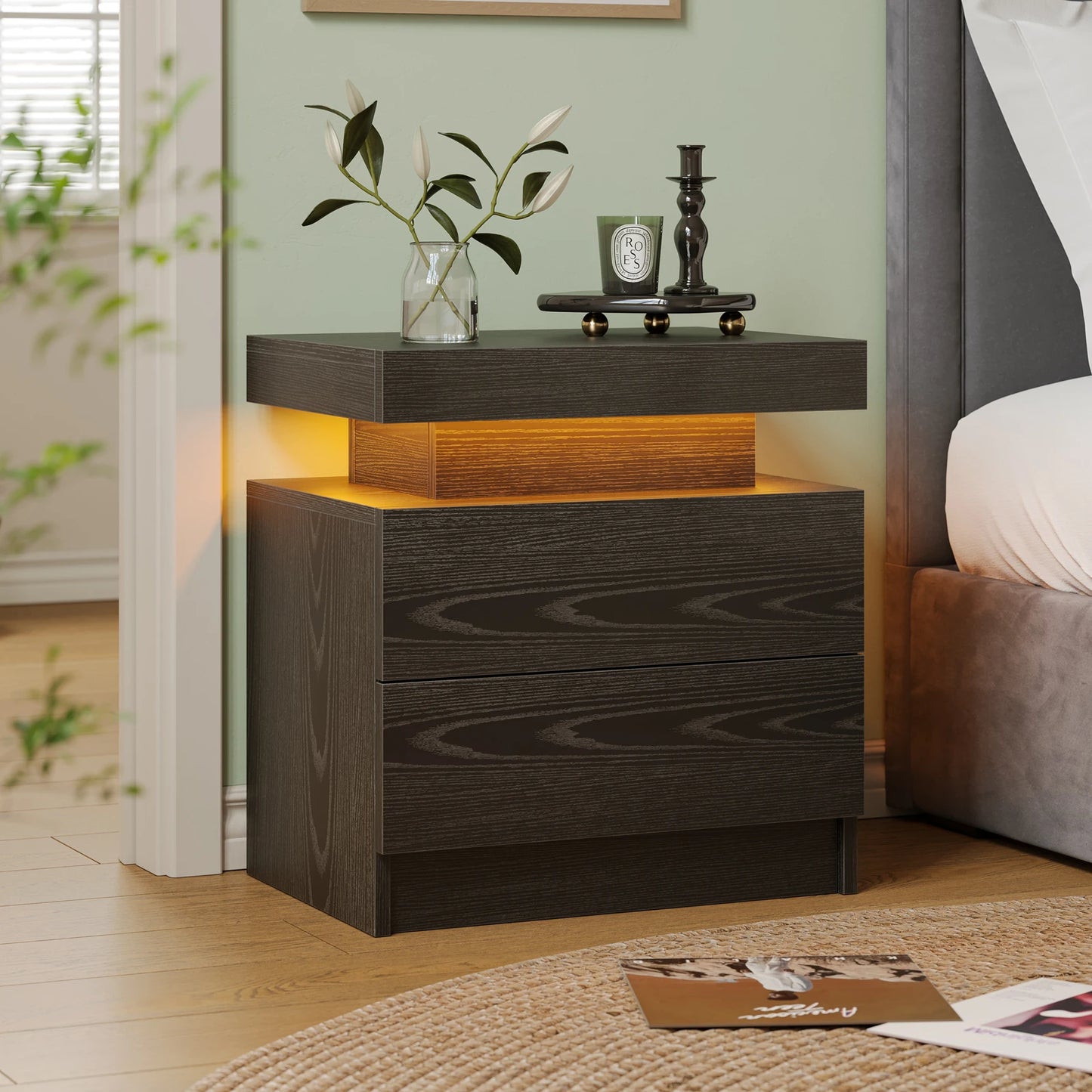 Cubehom LED Nightstand With Two Drawers End Table For Bedroom