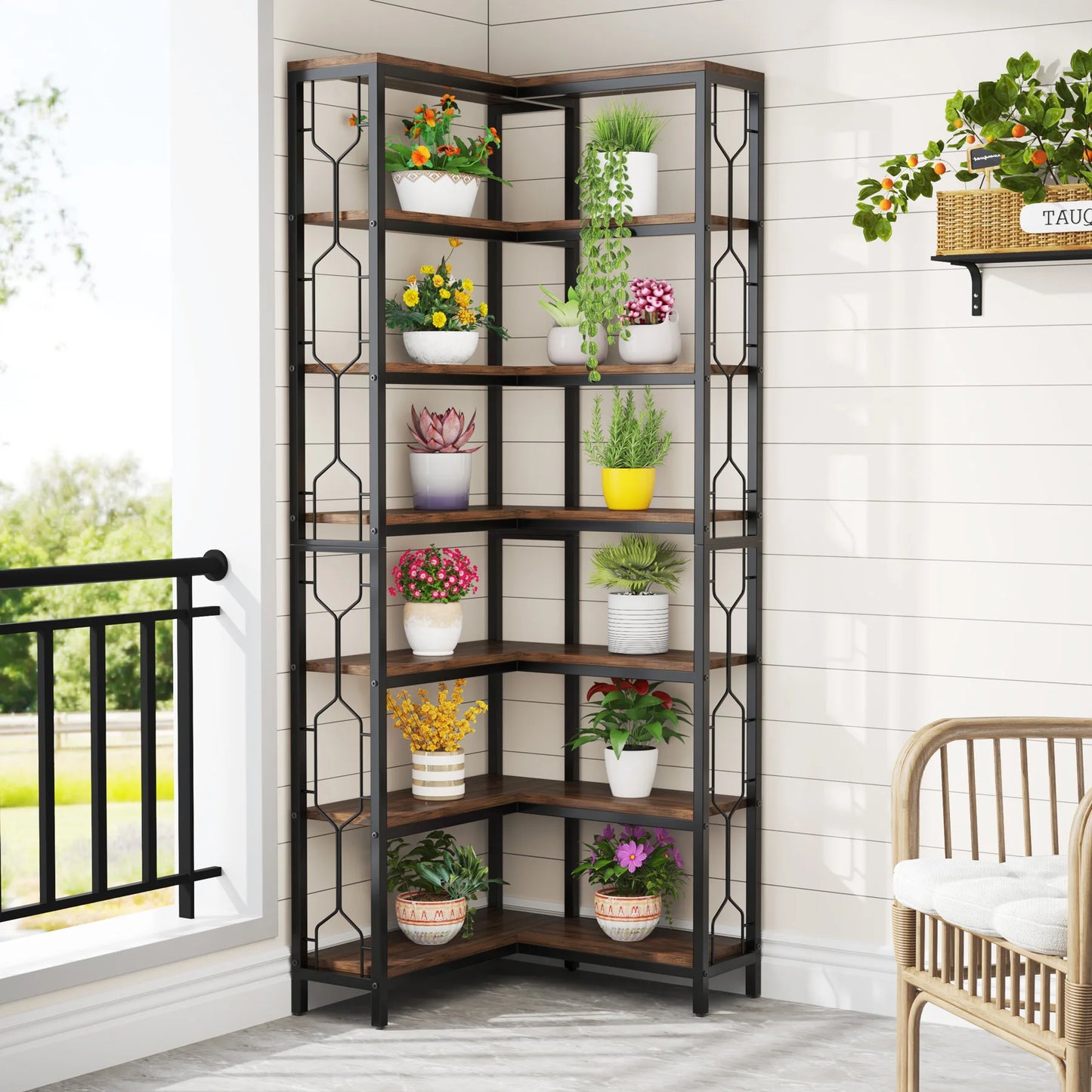 Tribesigns 7-Tier Corner Shelf Industrial Wood and Metal Etagere